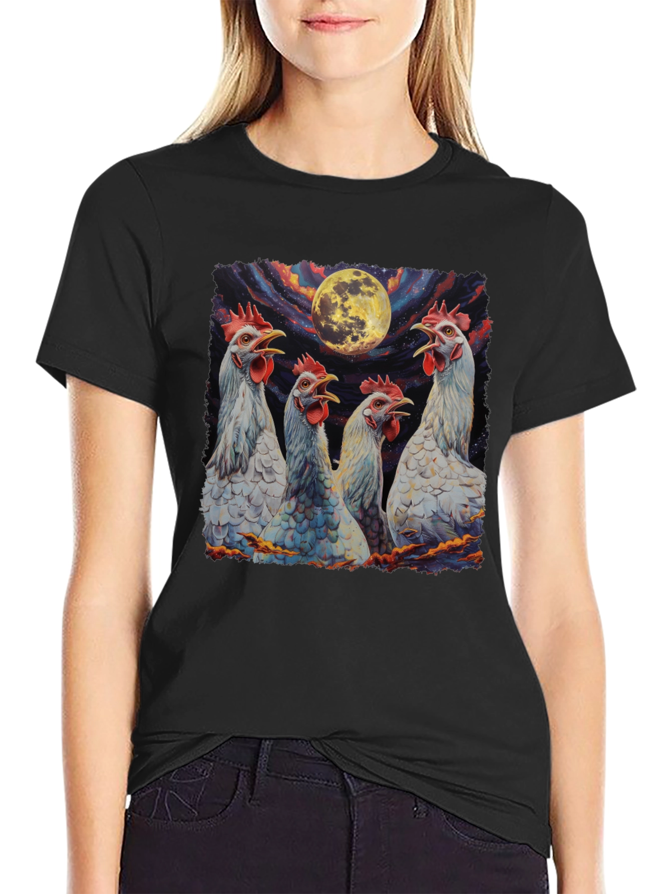 Moonlit Howling Chickens Black T-Shirt