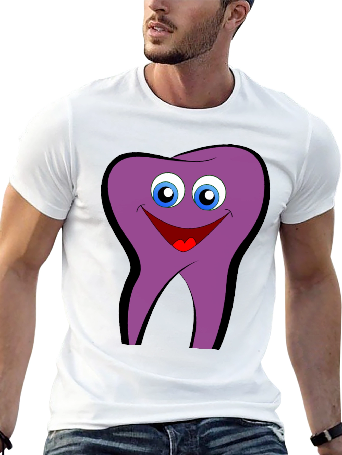 Funny Tooth Cartoon Graphic Tee - Black Cotton T-Shirt
