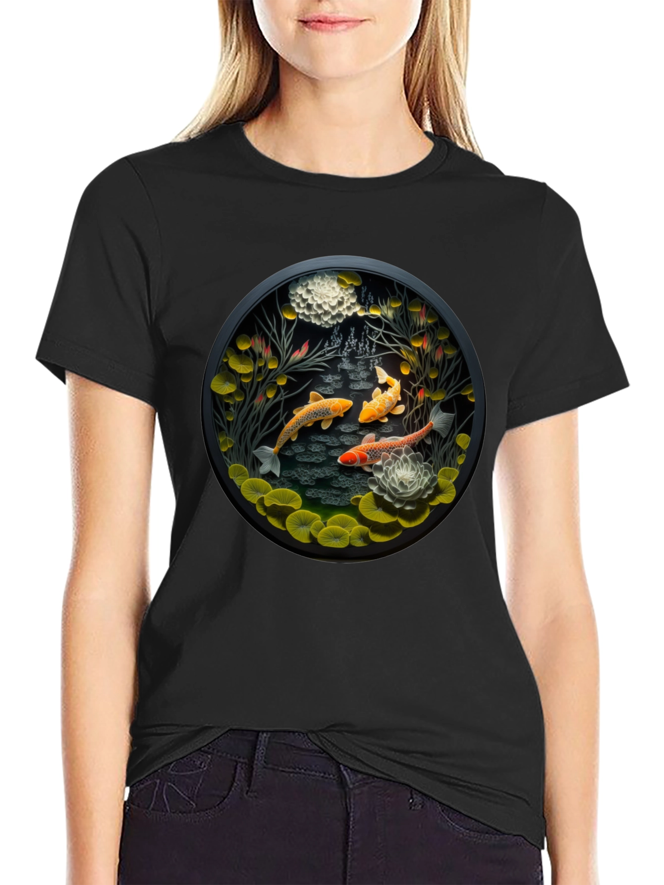 Koi Pond Graphic Tee - Stylish Black T-Shirt