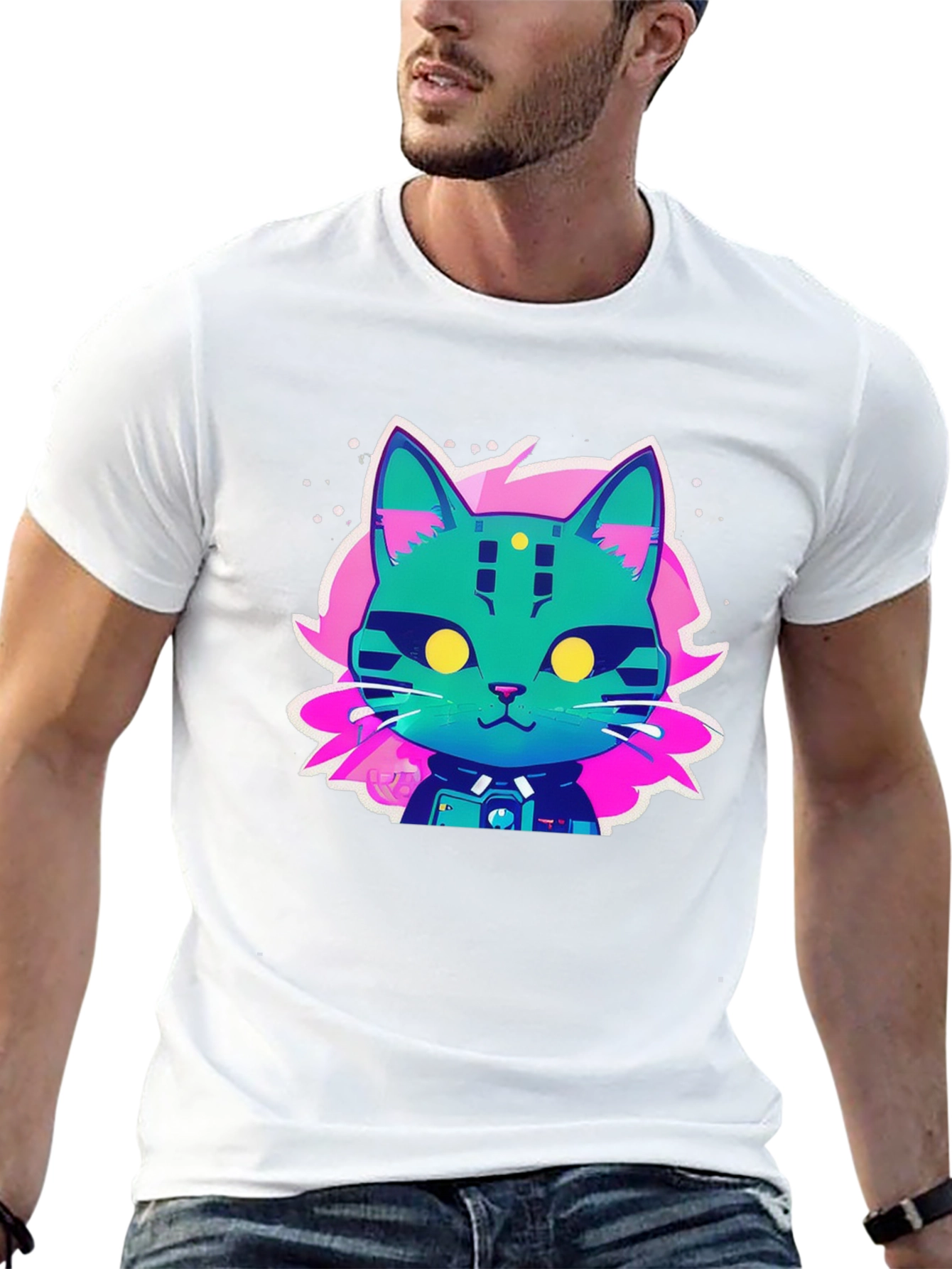 Cyberpunk Cat Graphic T-Shirt - Black Cotton Tee