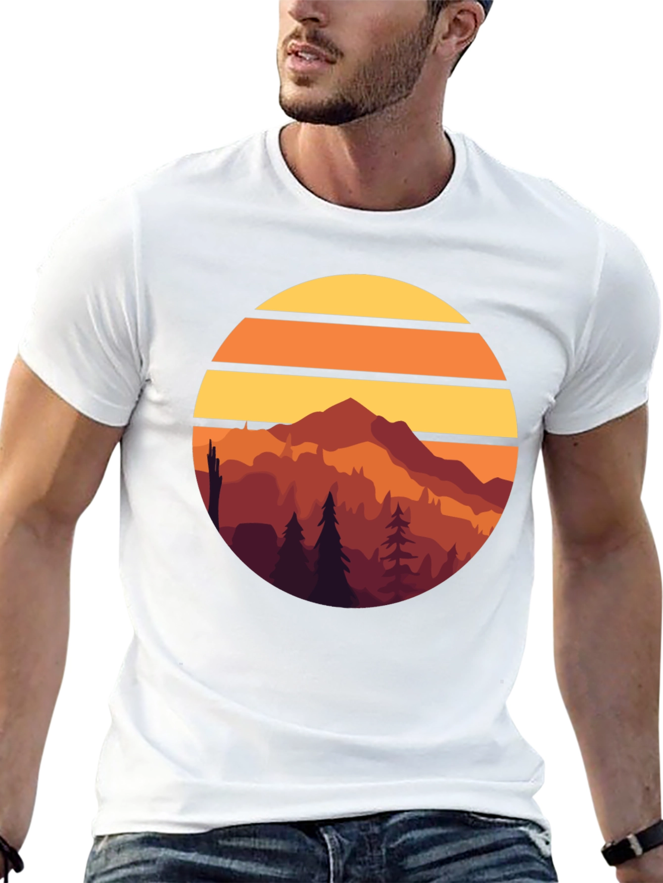 Retro Mountain Sunset Graphic Tee - Black Cotton T-Shirt