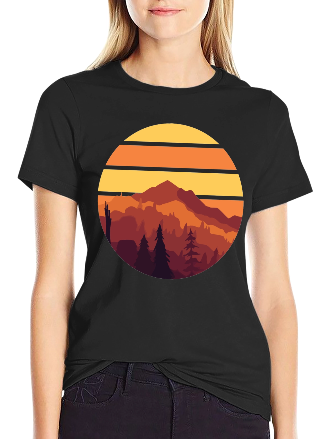 Retro Mountain Sunset Graphic Tee - Black Cotton T-Shirt