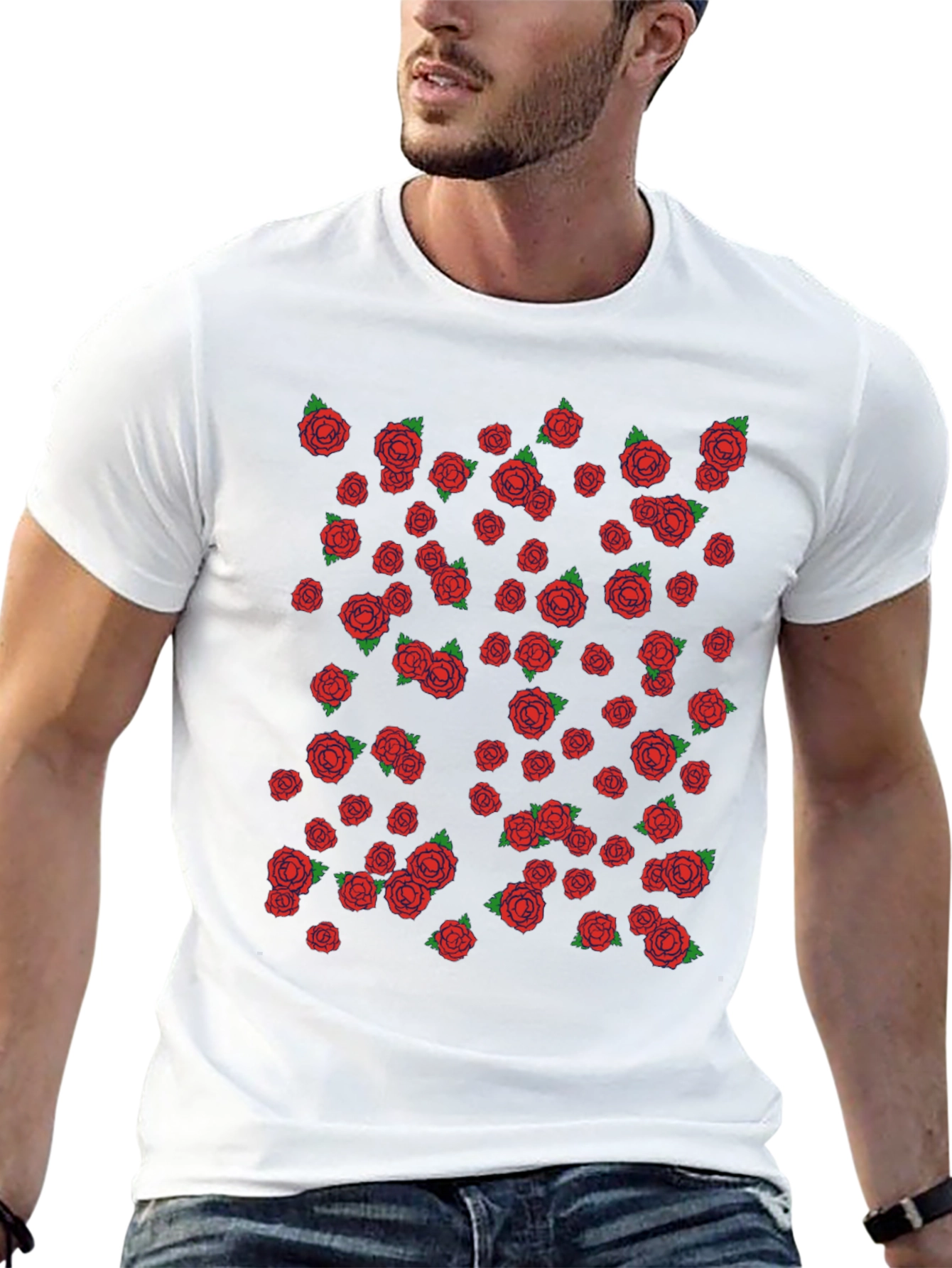 Mens Black T-shirt with Red Rose Pattern