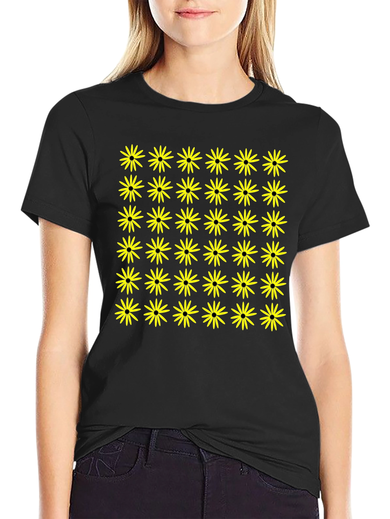 Black T-Shirt with Yellow Flower Pattern