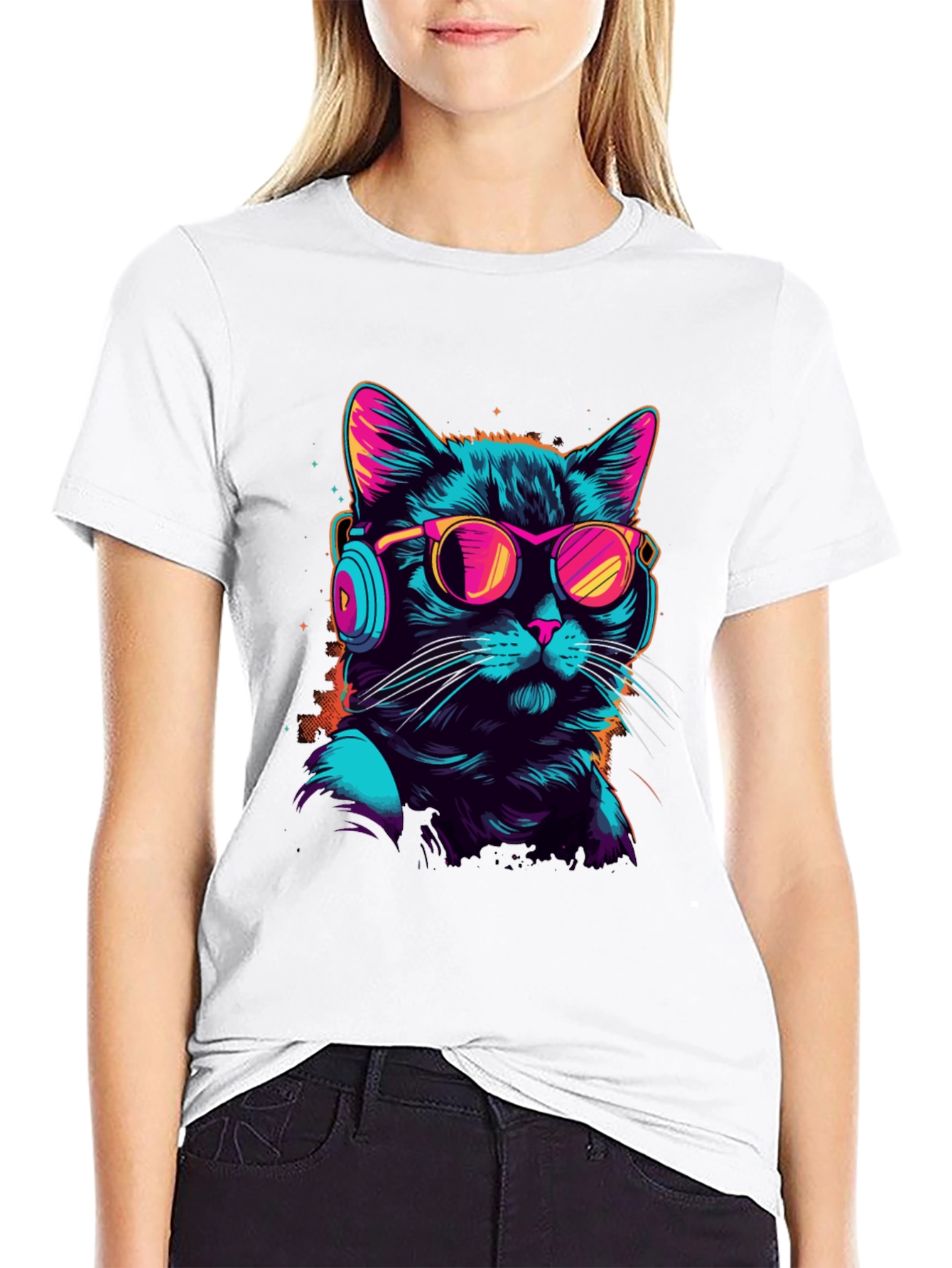 Retro Cat T-Shirt with Headphones & Sunglasses