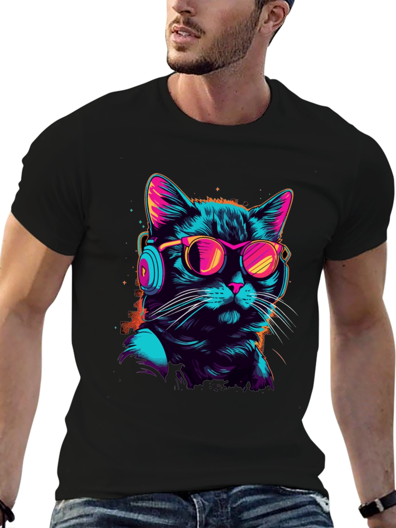 Retro Cat T-Shirt with Headphones & Sunglasses