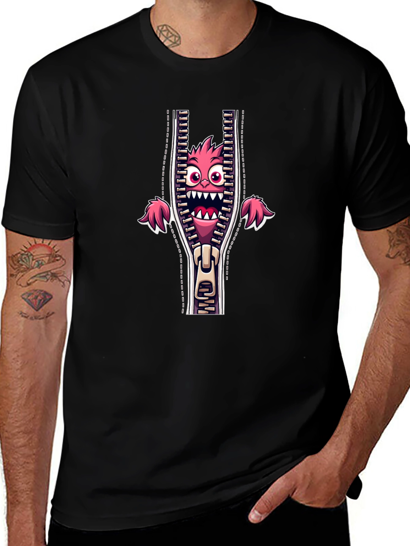 Monster in Zipper Graphic Tee - Funny Cartoon Print