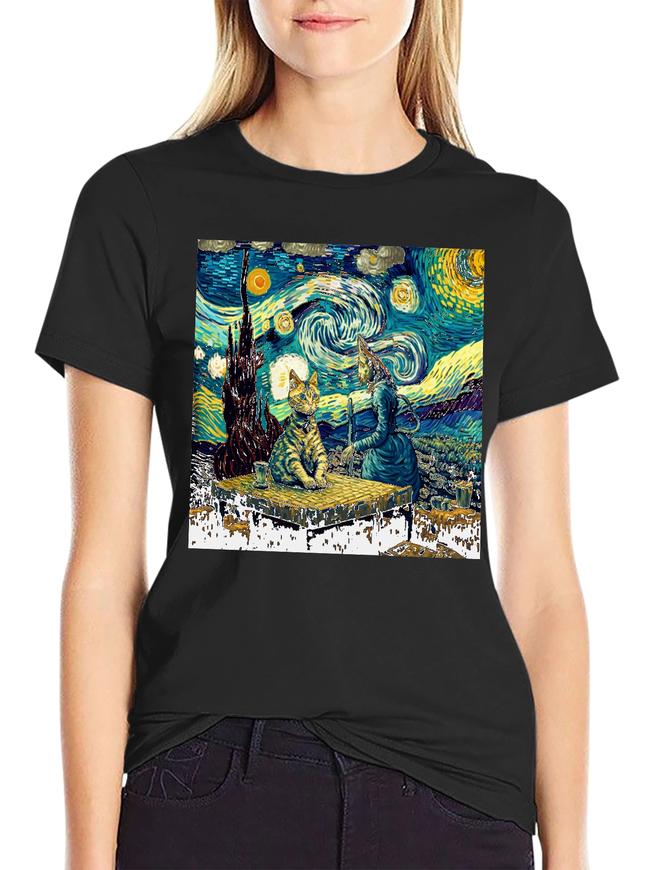 Starry Night Cat T-Shirt - Artistic Unique Design
