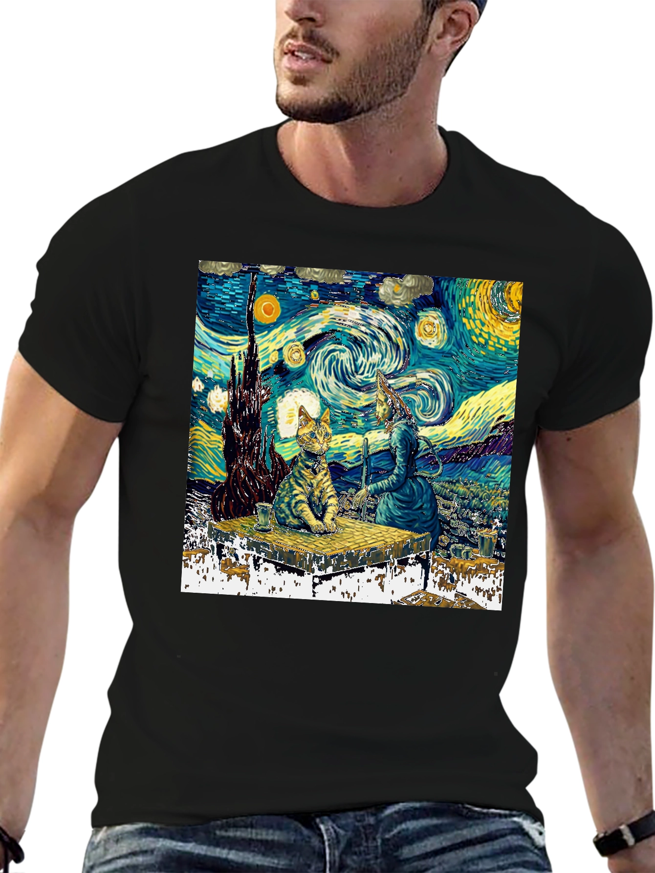 Starry Night Cat T-Shirt - Artistic Unique Design