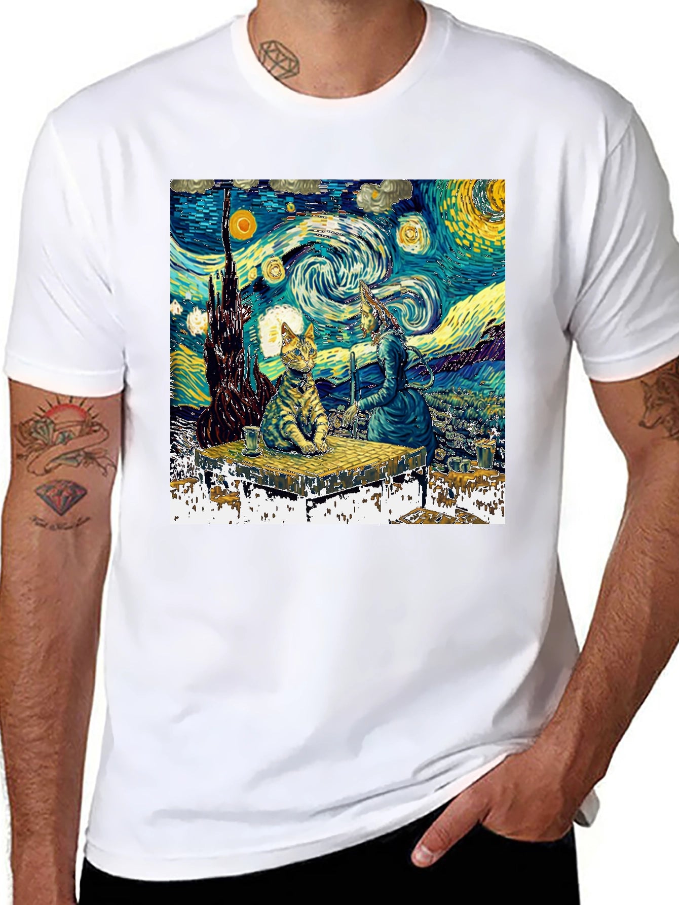 Starry Night Cat T-Shirt - Artistic Unique Design
