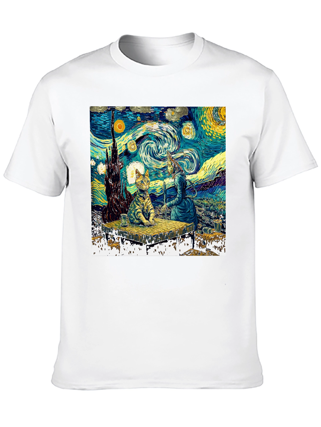 Starry Night Cat T-Shirt - Artistic Unique Design