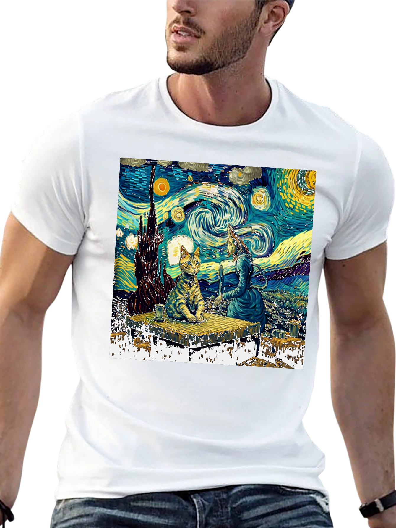Starry Night Cat T-Shirt - Artistic Unique Design