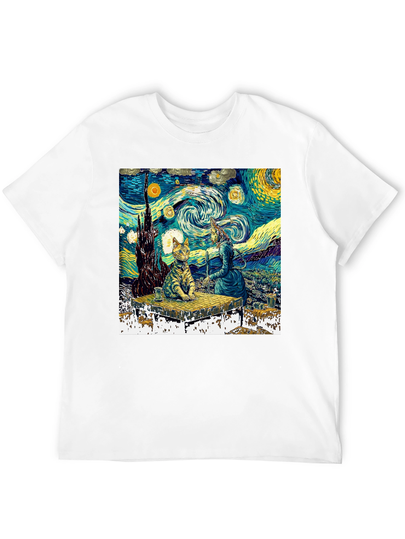 Starry Night Cat T-Shirt - Artistic Unique Design