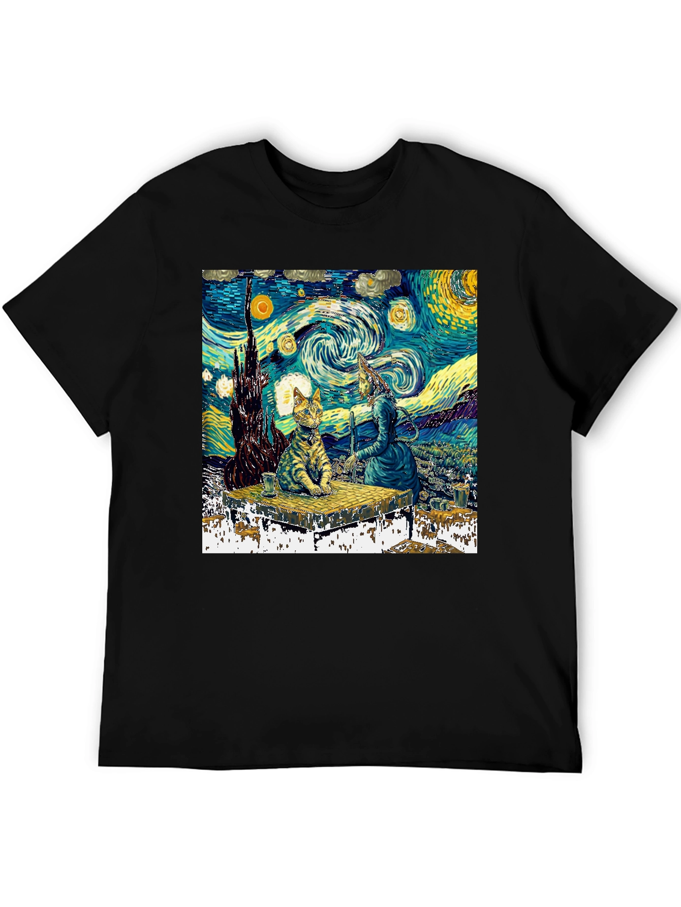 Starry Night Cat T-Shirt - Artistic Unique Design