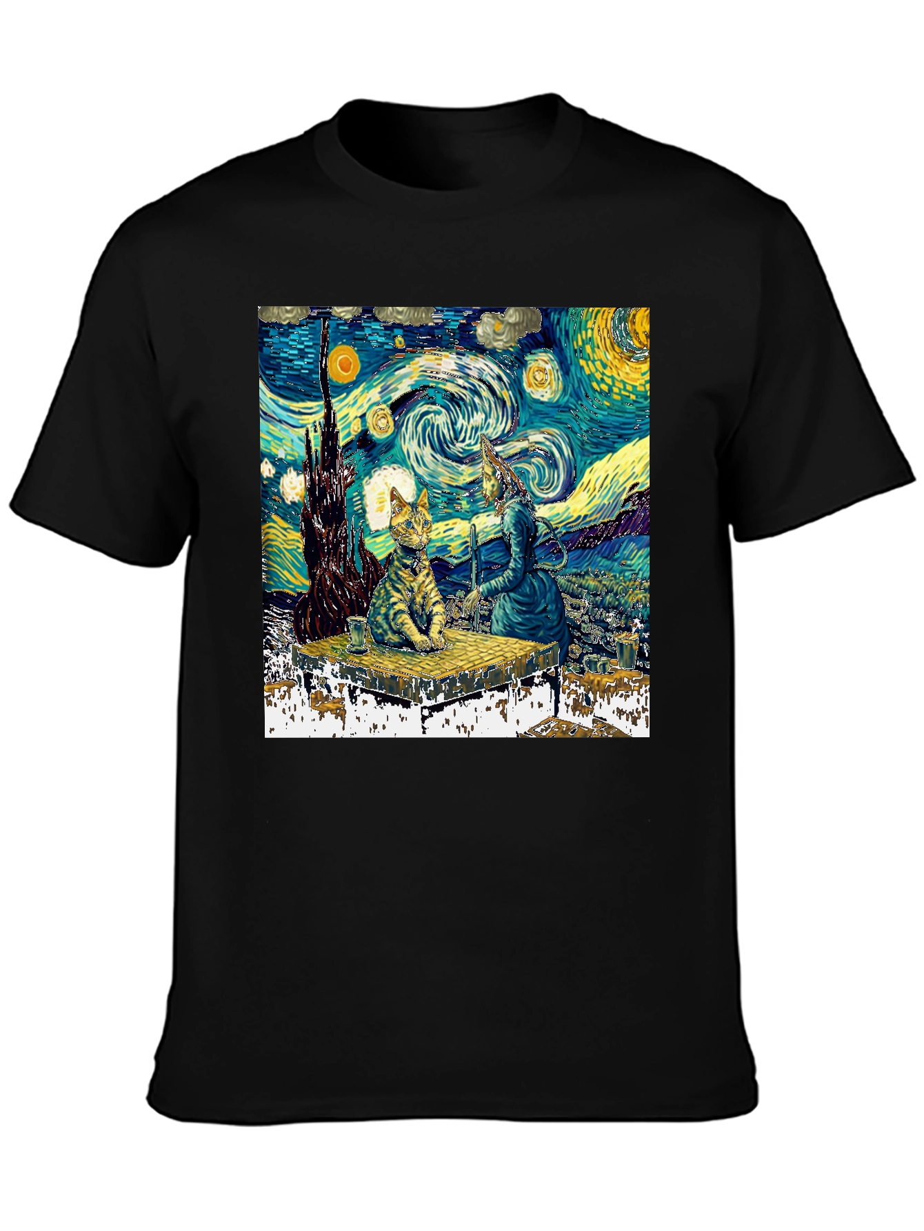 Starry Night Cat T-Shirt - Artistic Unique Design