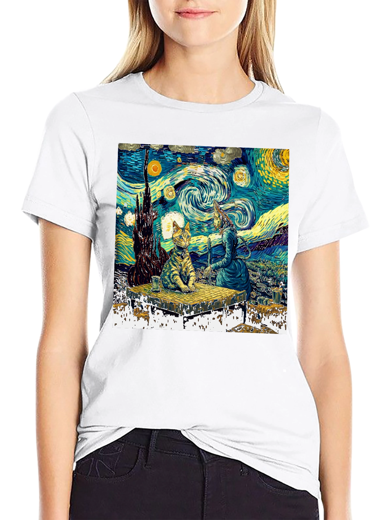 Starry Night Cat T-Shirt - Artistic Unique Design
