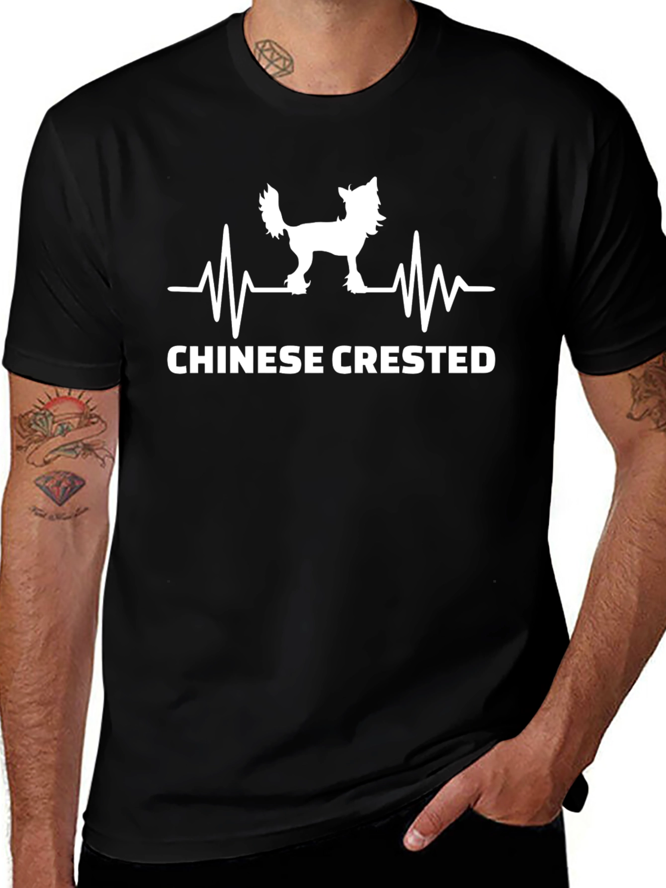 Chinese Crested Dog Heartbeat T-Shirt - Black