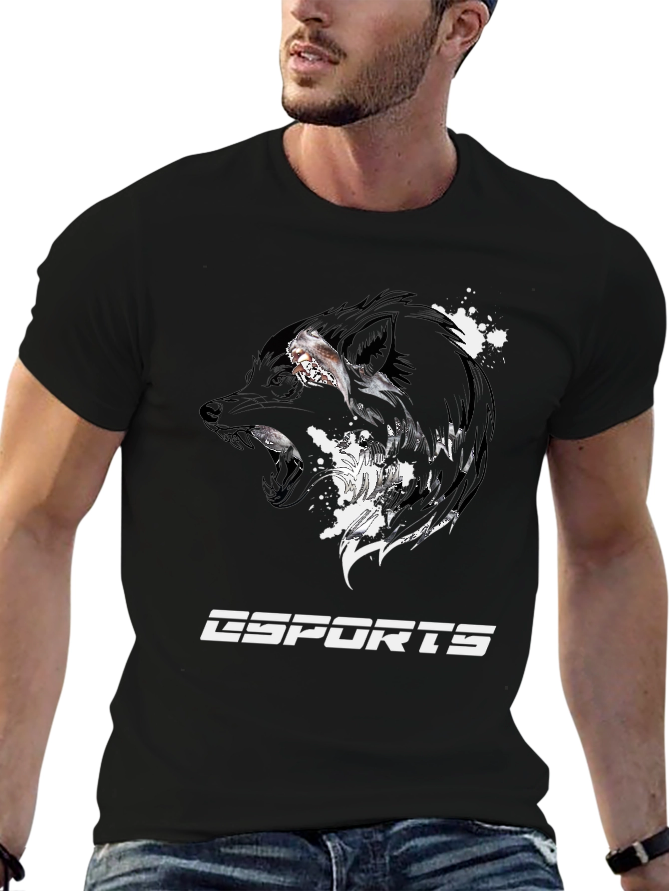 Esports Wolf Graphic Tee - Black Cotton T-Shirt