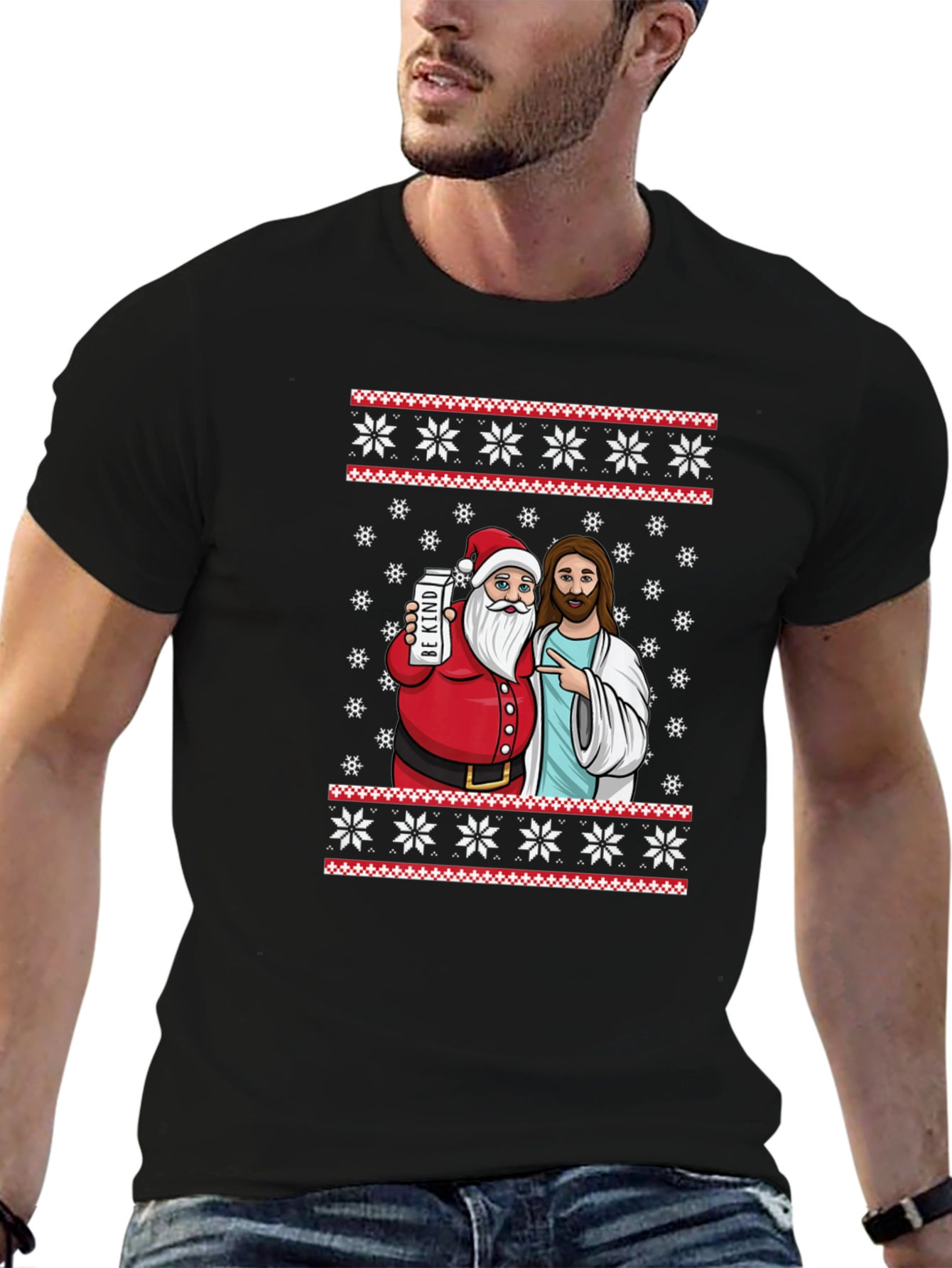 Funny Santa & Jesus Christmas Graphic T-Shirt