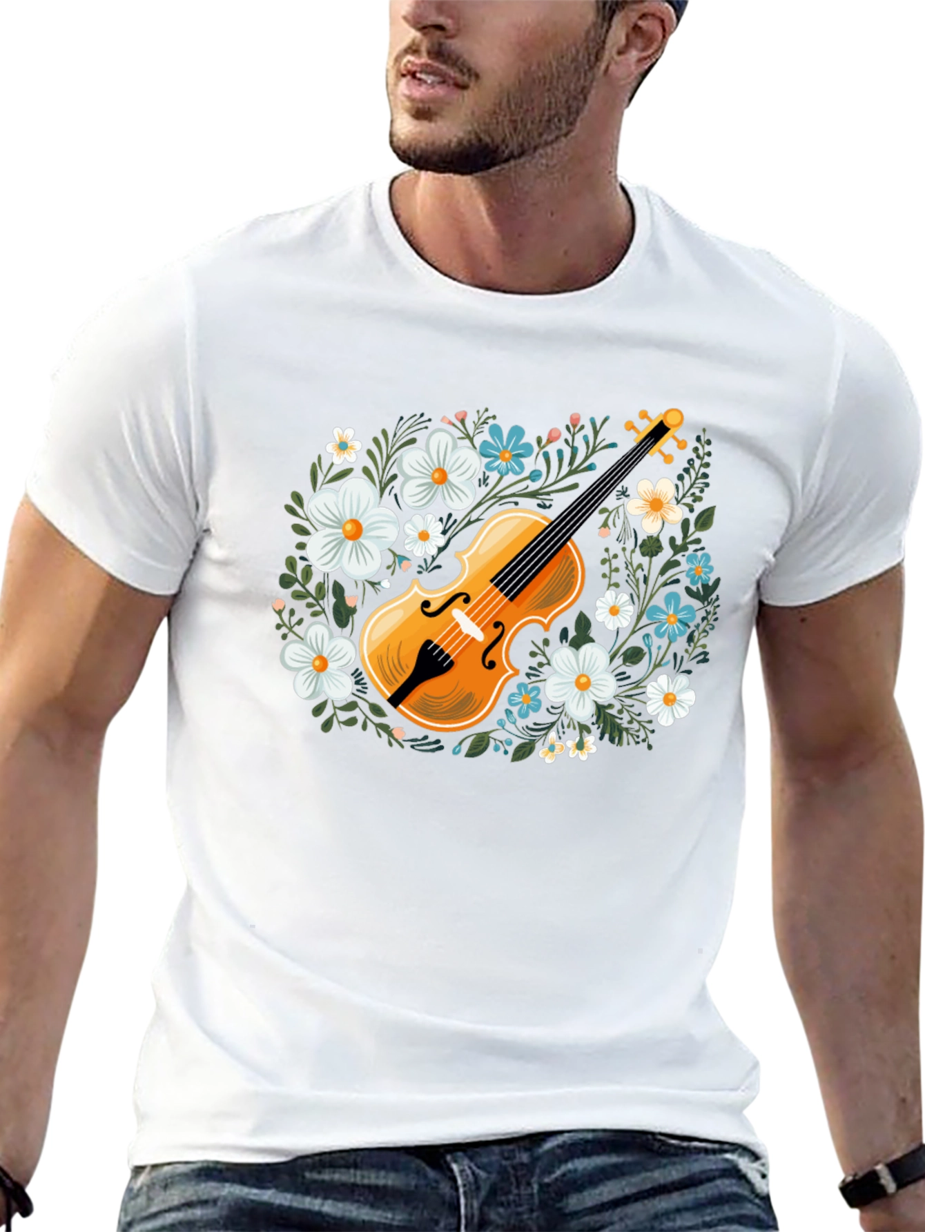 Floral Violin Graphic T-Shirt - Musical Style