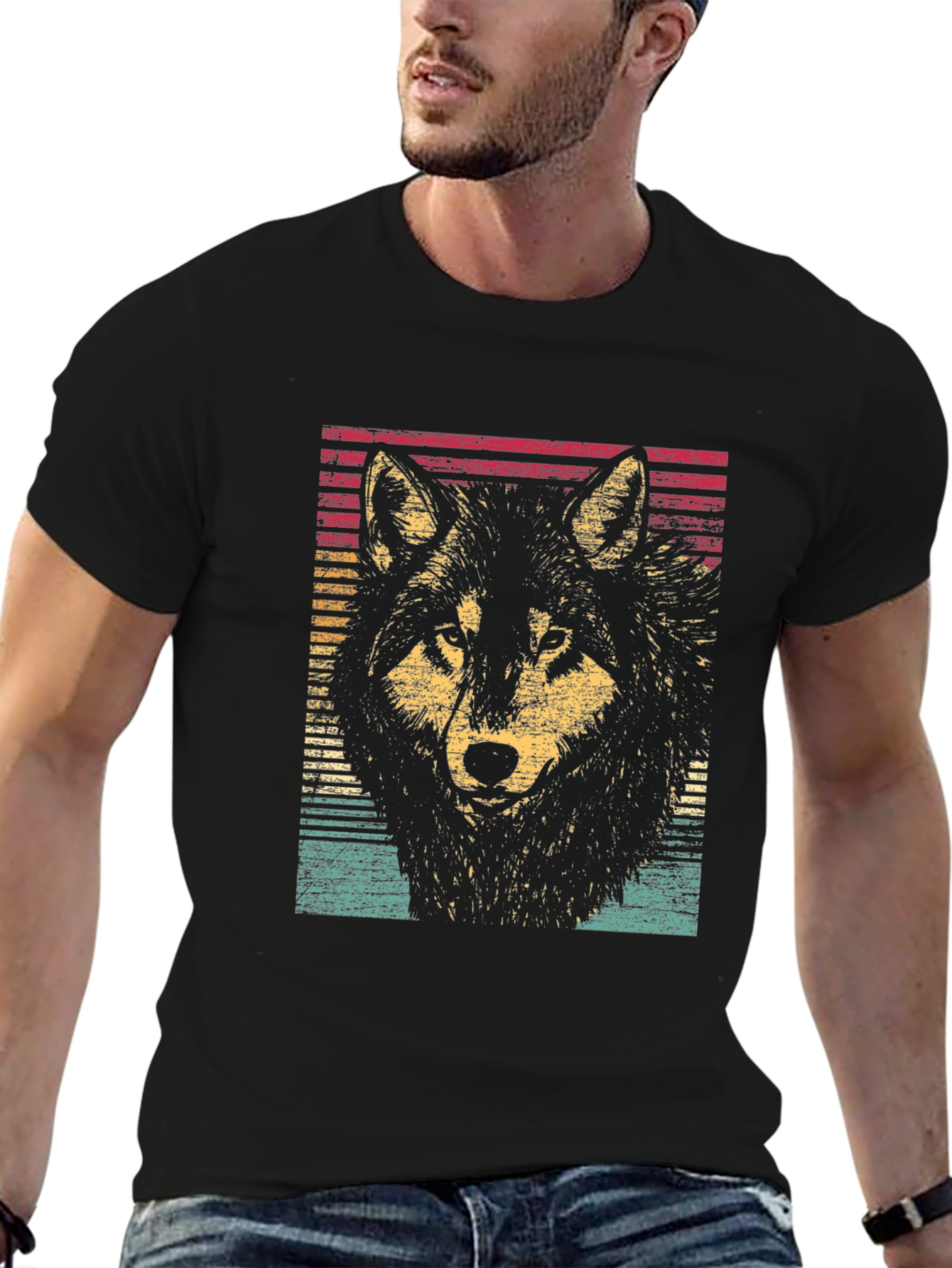 Retro Wolf Graphic Black T-Shirt