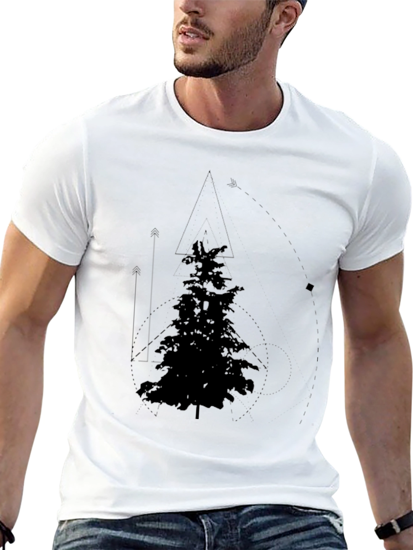 Geometric Pine Tree Graphic Tee - Black