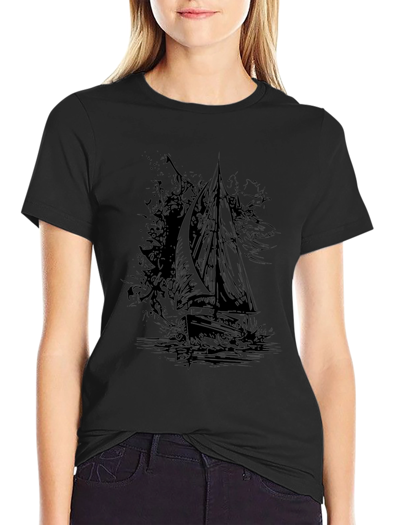 Black Graphic Tee: Sailing Ship Design