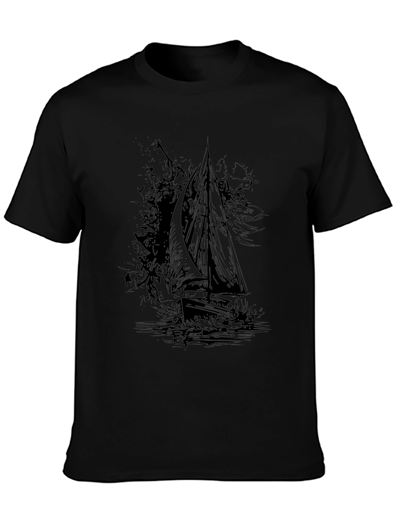 Black Graphic Tee: Sailing Ship Design