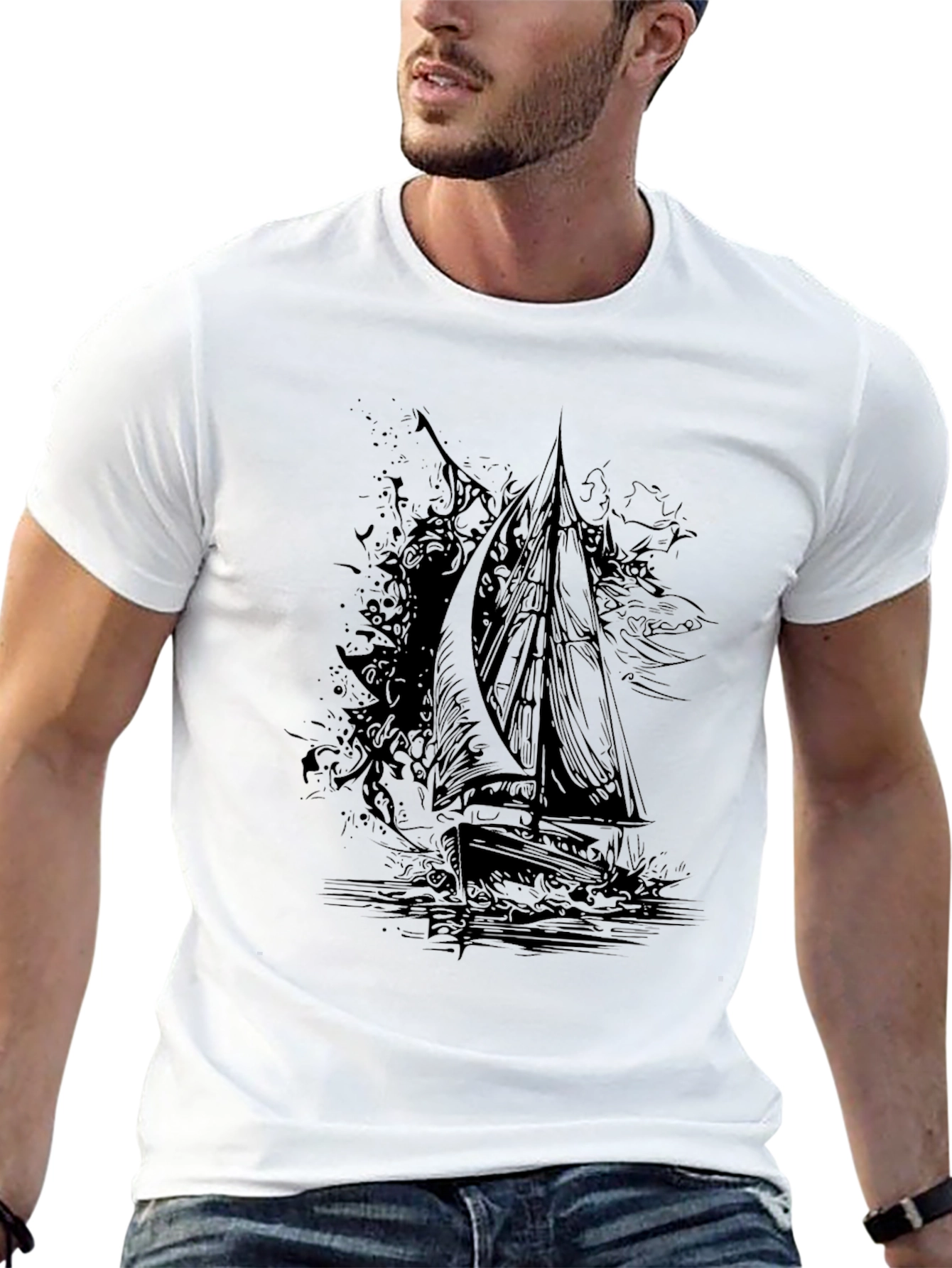 Black Graphic Tee: Sailing Ship Design