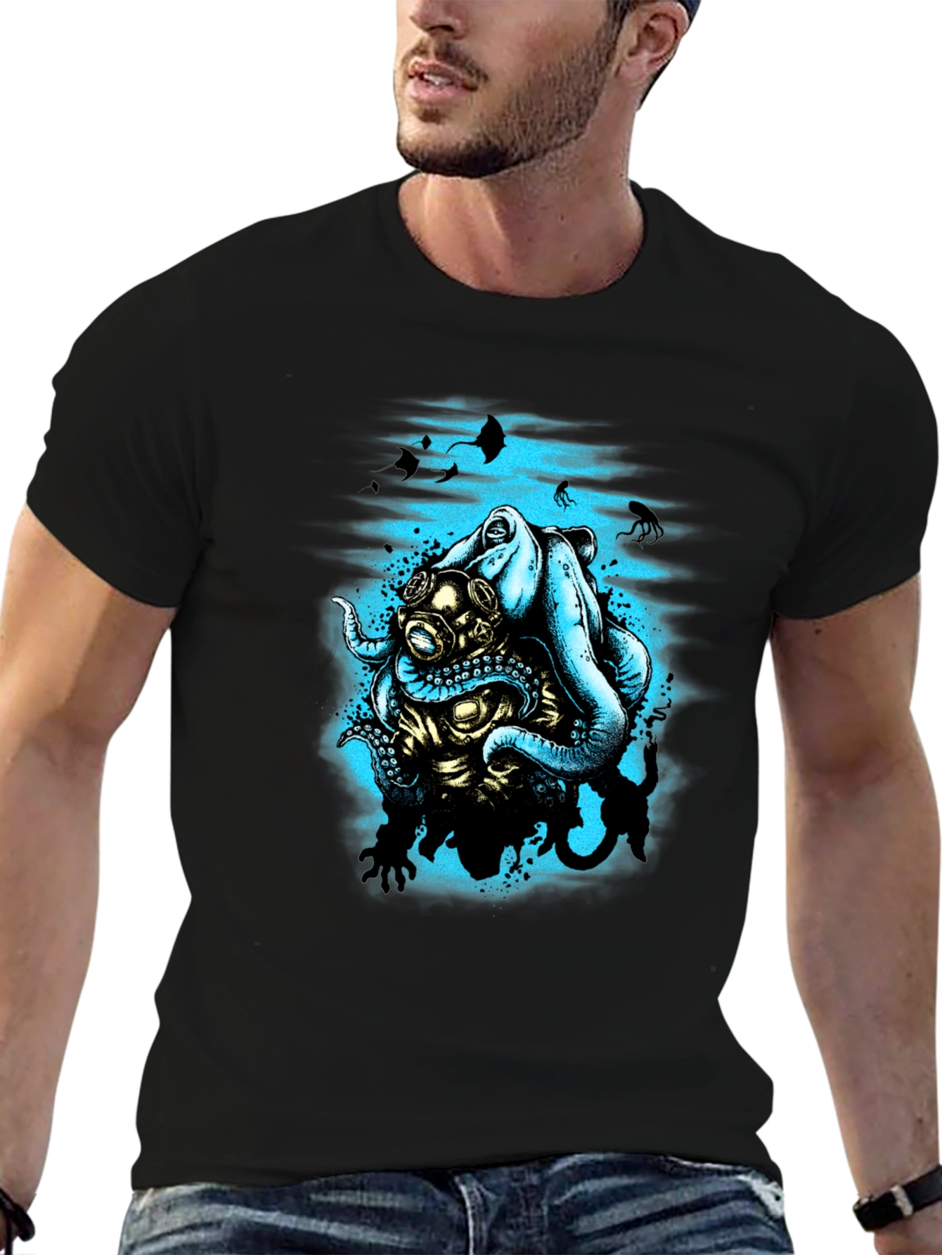 Octopus Diver Graphic T-Shirt - Black Cotton Tee
