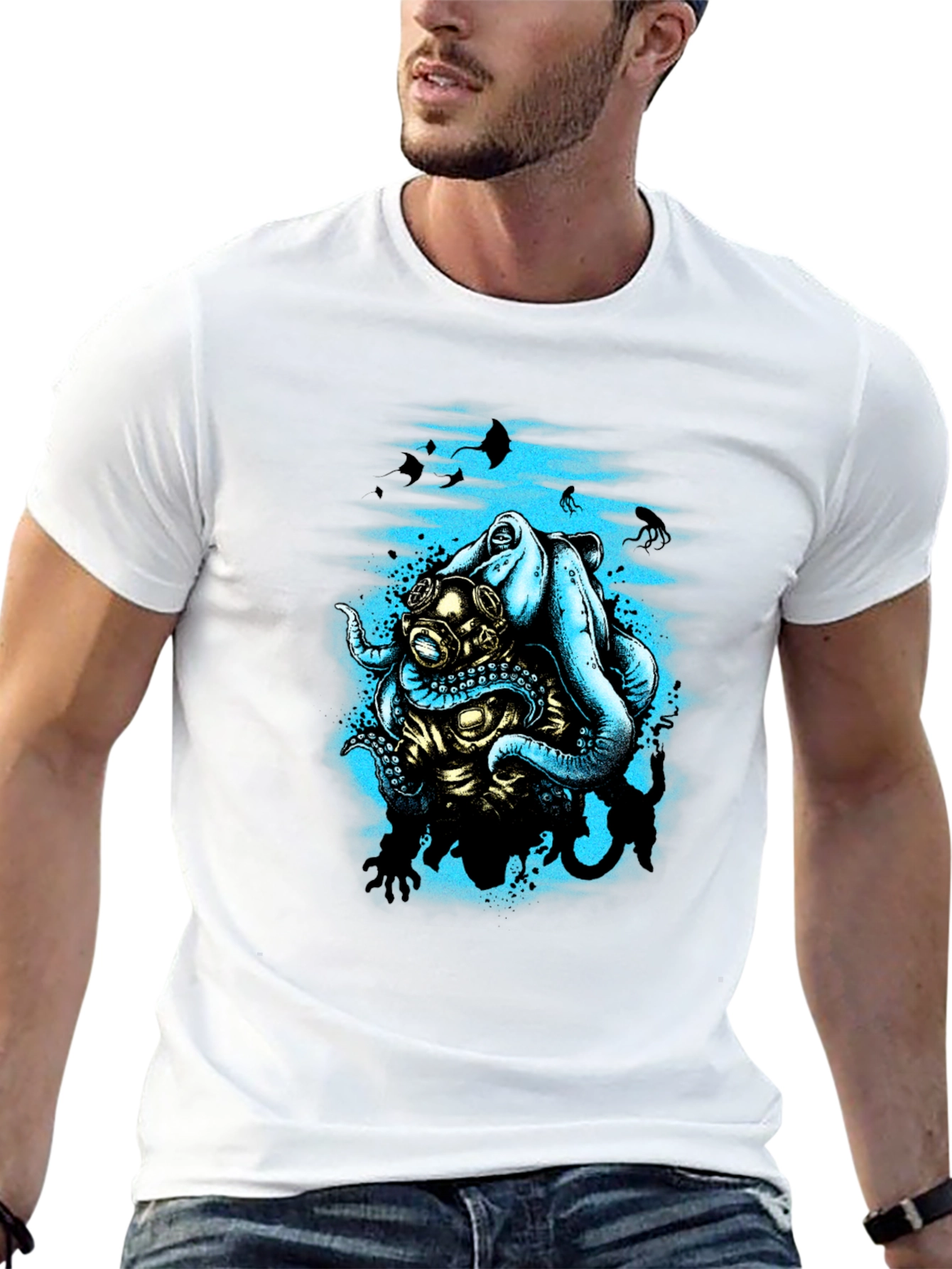 Octopus Diver Graphic T-Shirt - Black Cotton Tee