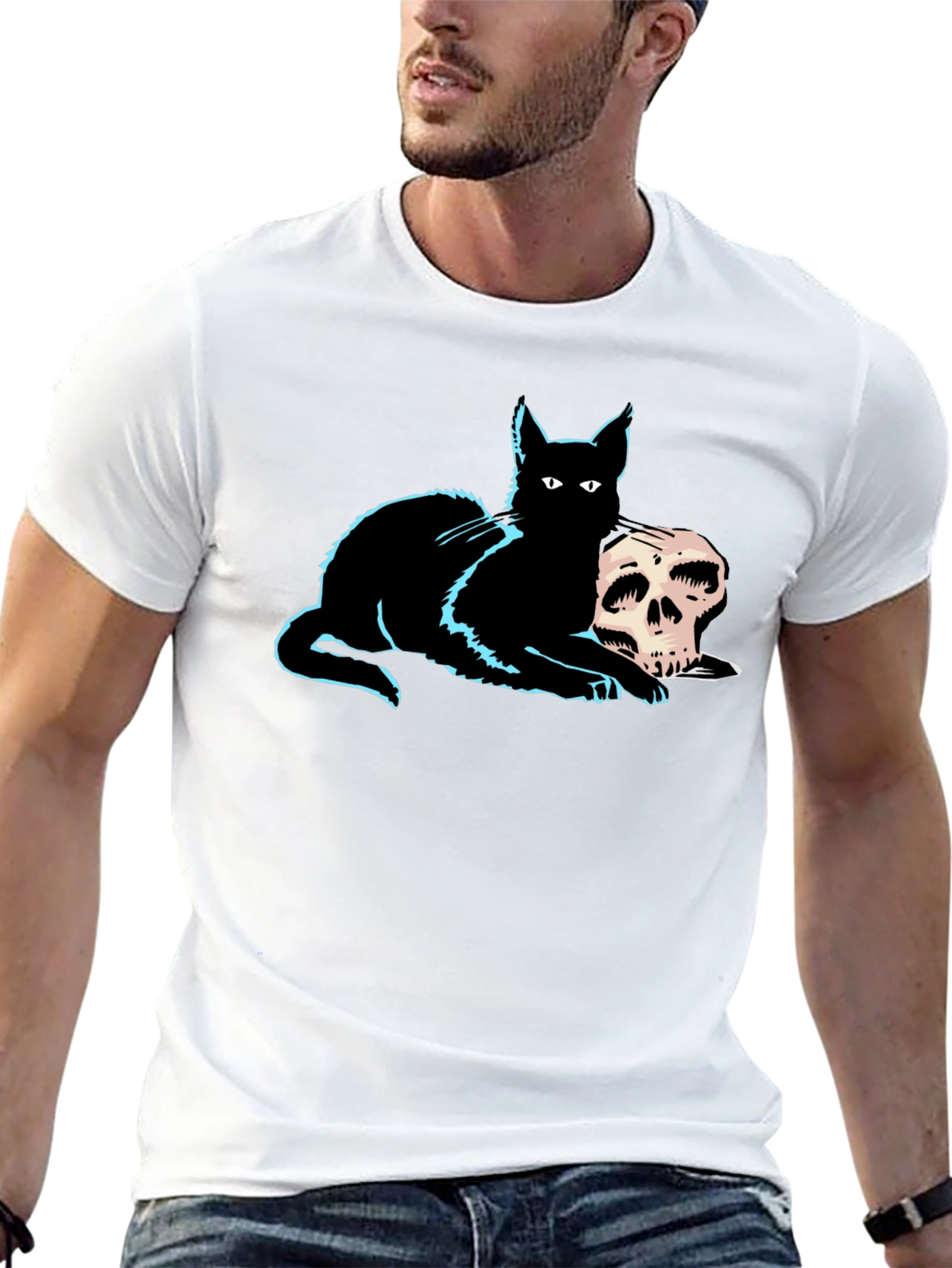 Cat & Skull Graphic Tee - Gothic Style