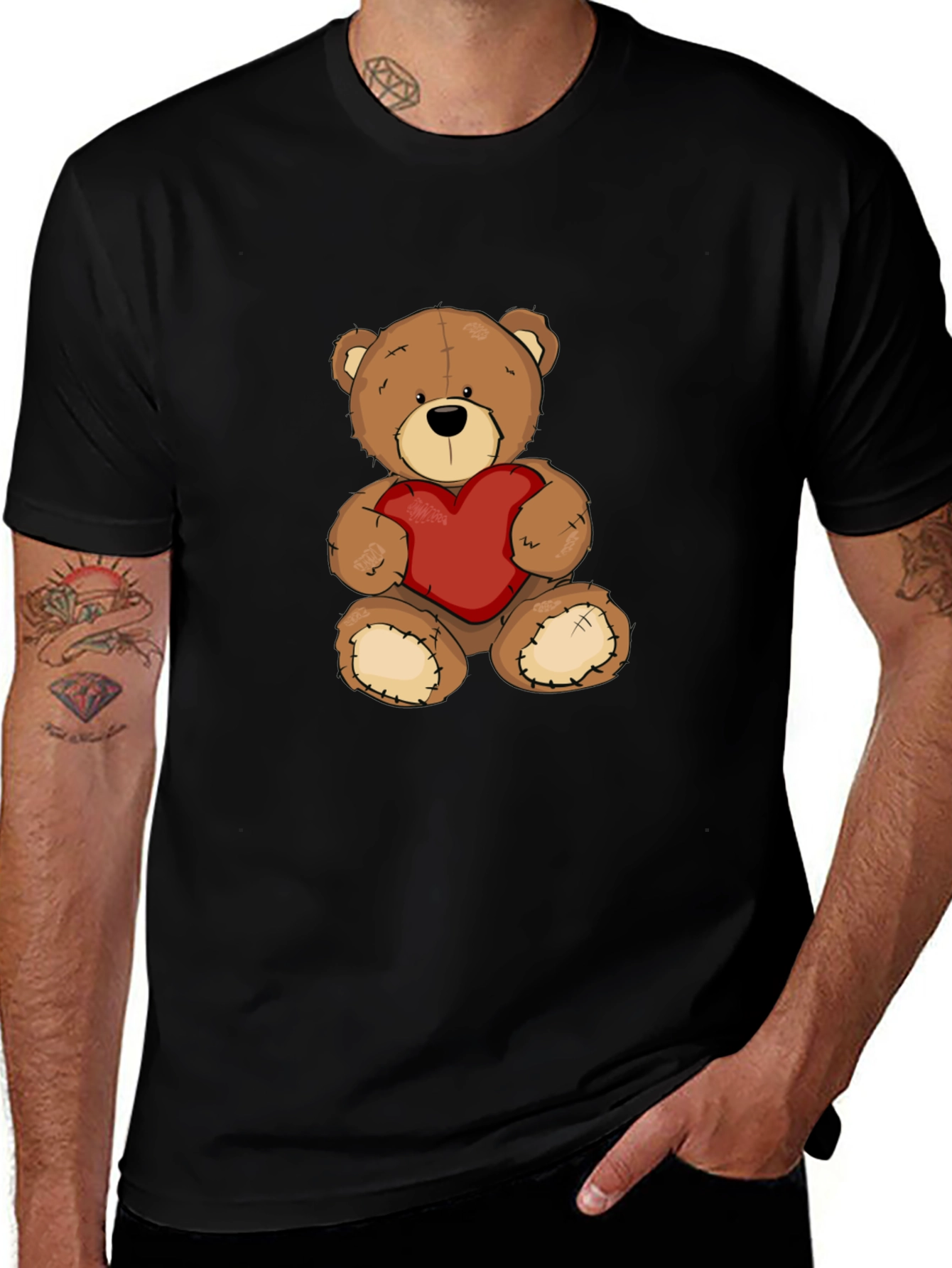 Teddy Bear Heart Graphic Tee - Mens Black T-Shirt