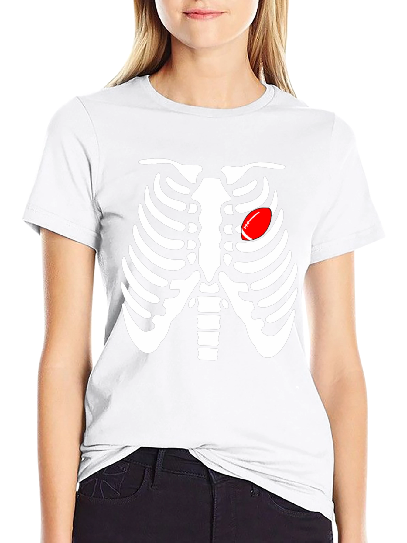 Skeleton Rib Cage Football Heart Graphic Tee