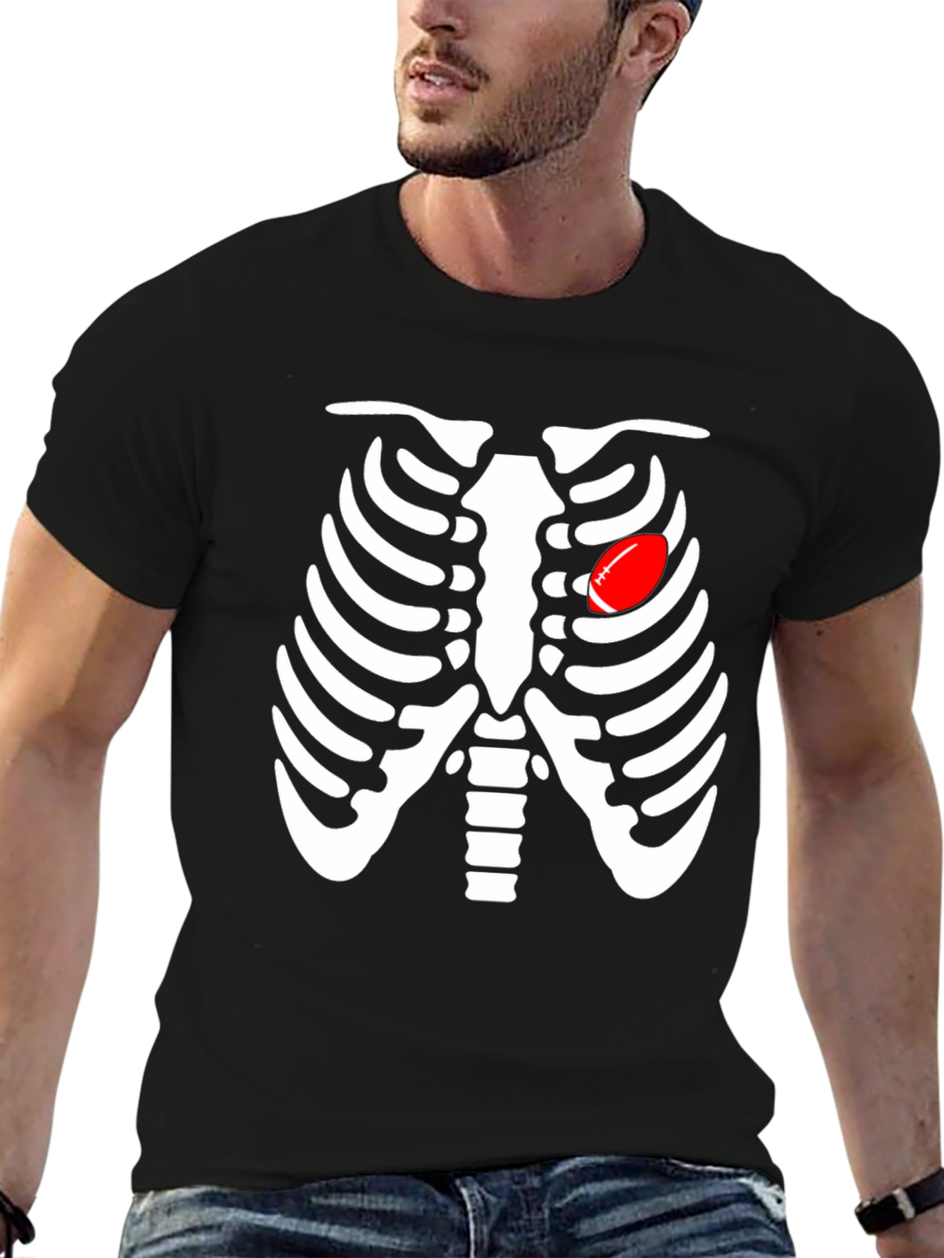 Skeleton Rib Cage Football Heart Graphic Tee