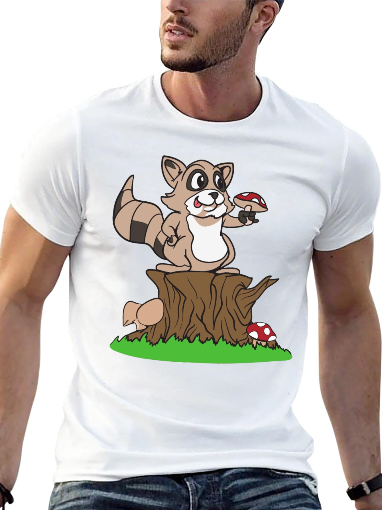 Cute Raccoon & Mushroom Graphic T-Shirt