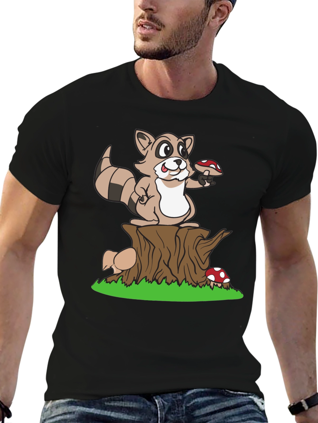 Cute Raccoon & Mushroom Graphic T-Shirt