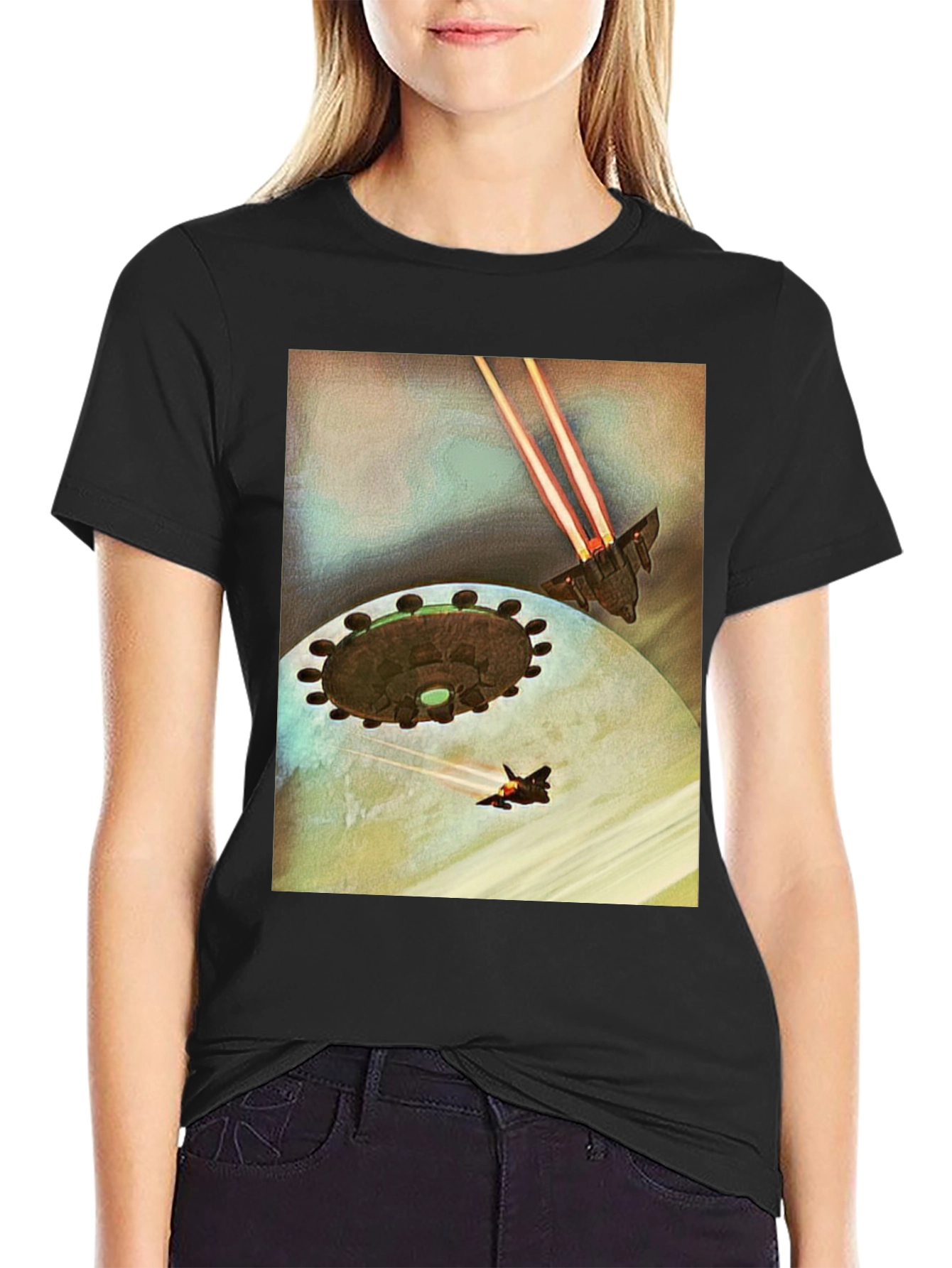 Sci-Fi Spaceship Battle Black T-Shirt