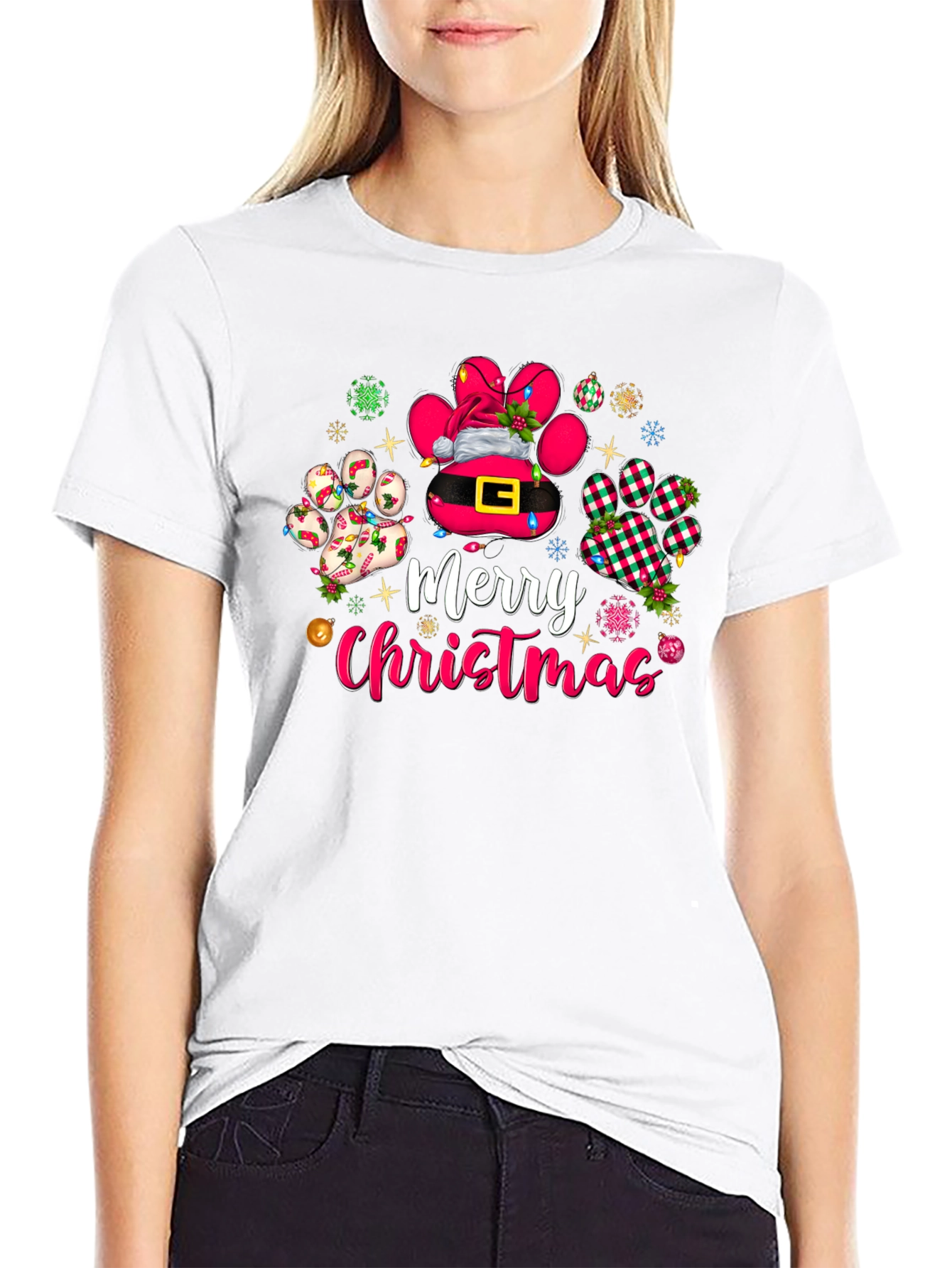 Merry Christmas Dog Paw Print T-Shirt