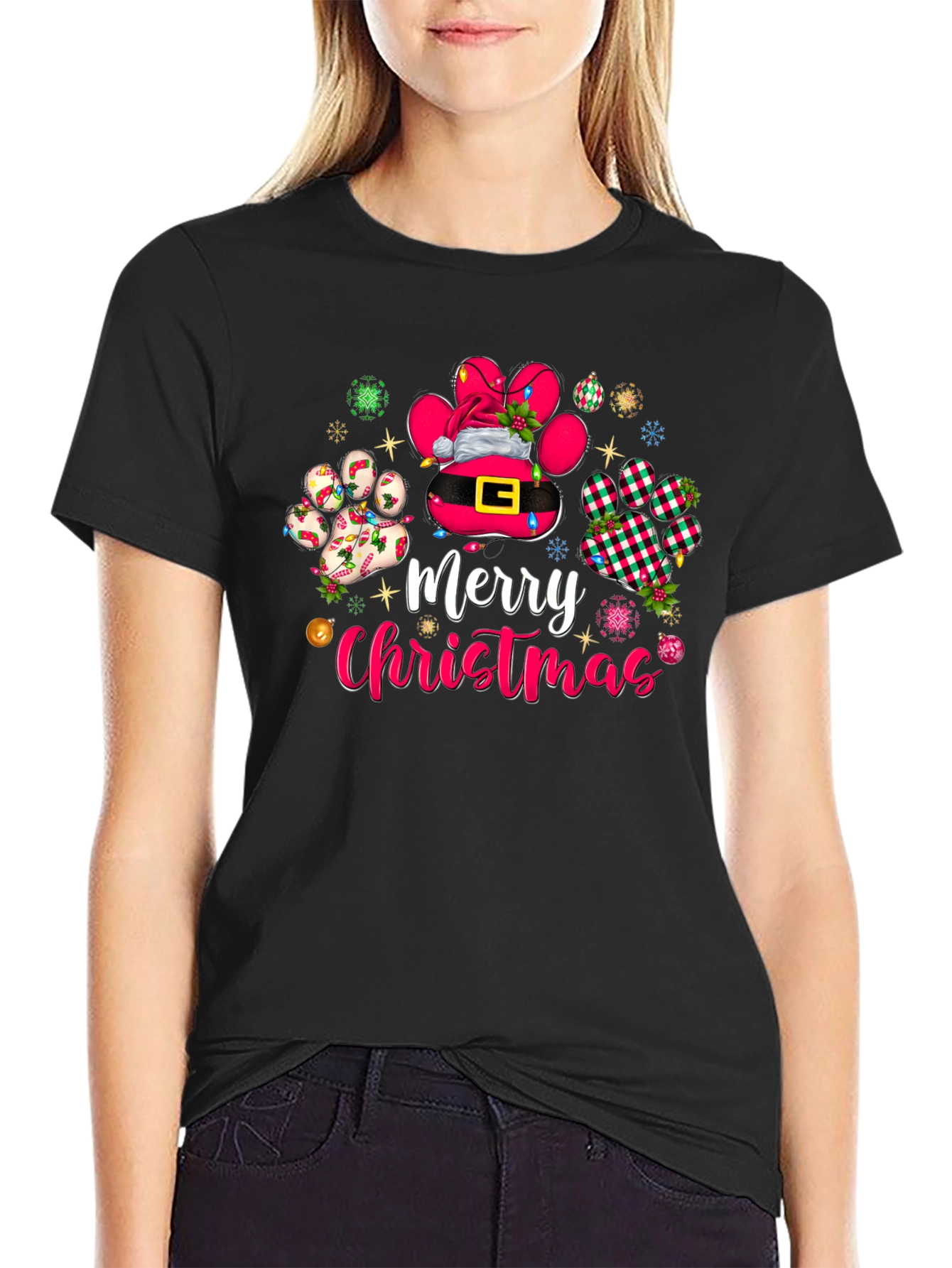 Merry Christmas Dog Paw Print T-Shirt