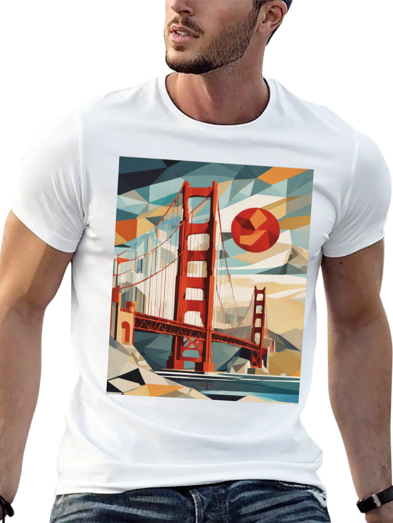 Golden Gate Bridge Geometric Art Black T-Shirt