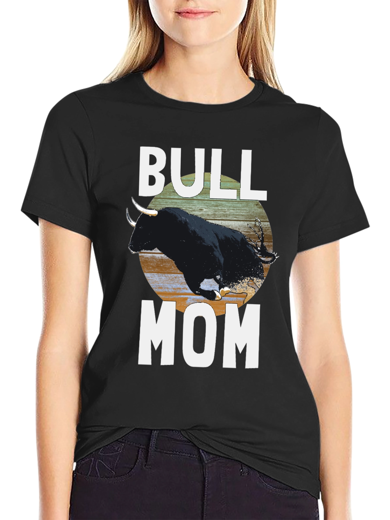 Bull Mom Graphic Tee - Black Crew Neck T-Shirt