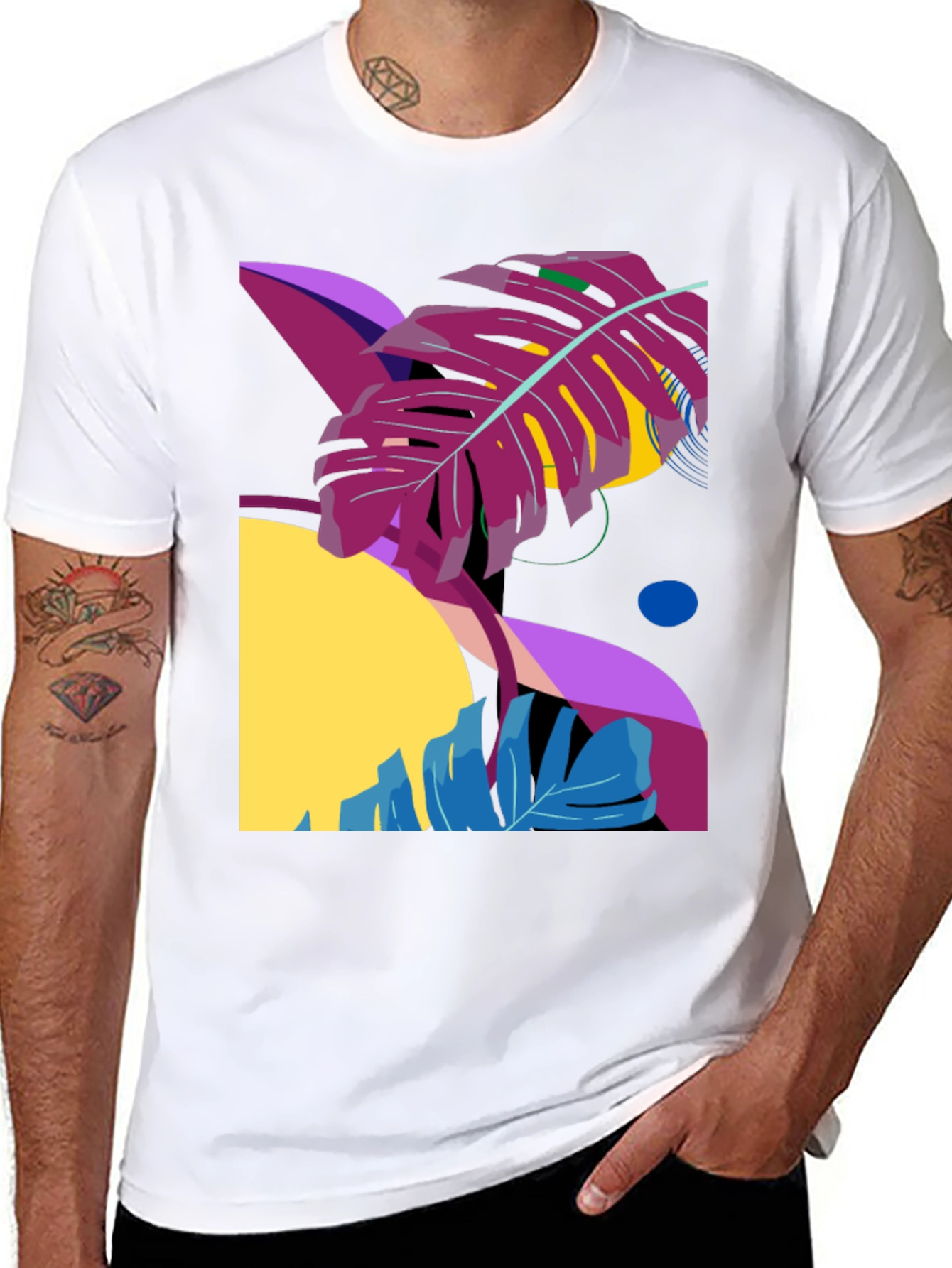 Abstract Tropical Leaf Graphic Tee - Black