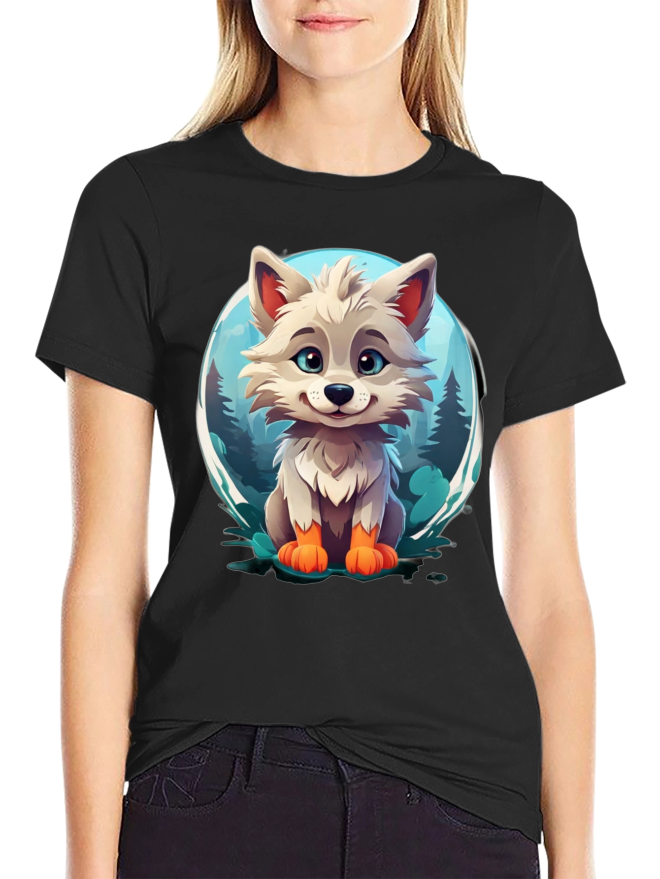 Cute Cartoon Wolf Graphic Tee - Black