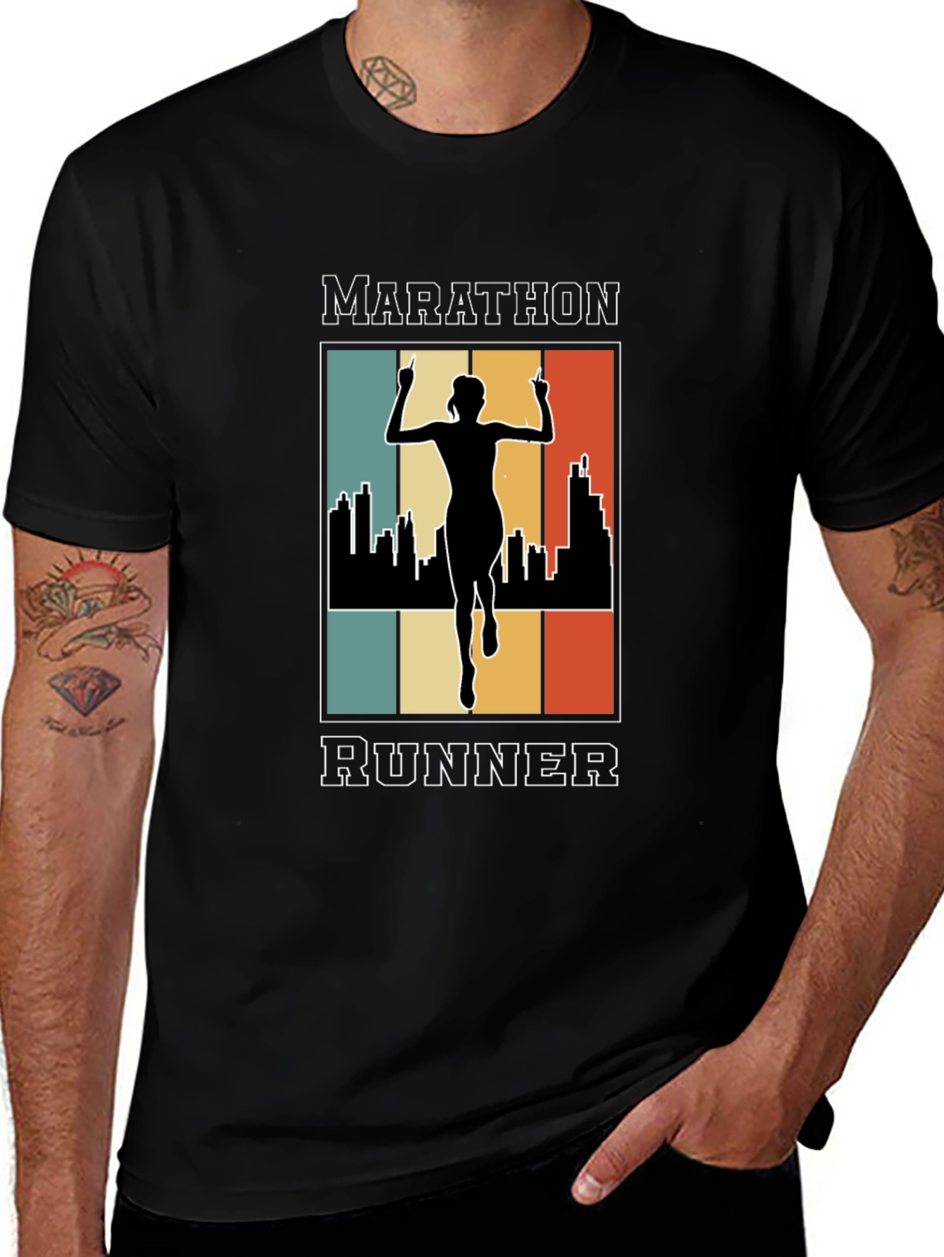 Marathon Runner Graphic T-Shirt - Retro Cityscape Design