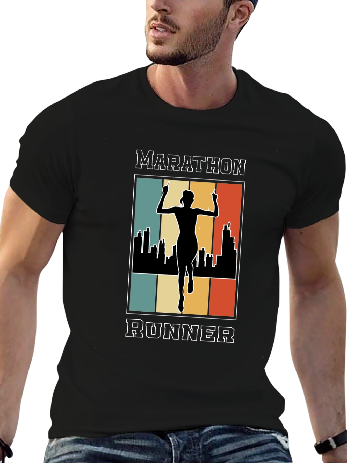 Marathon Runner Graphic T-Shirt - Retro Cityscape Design