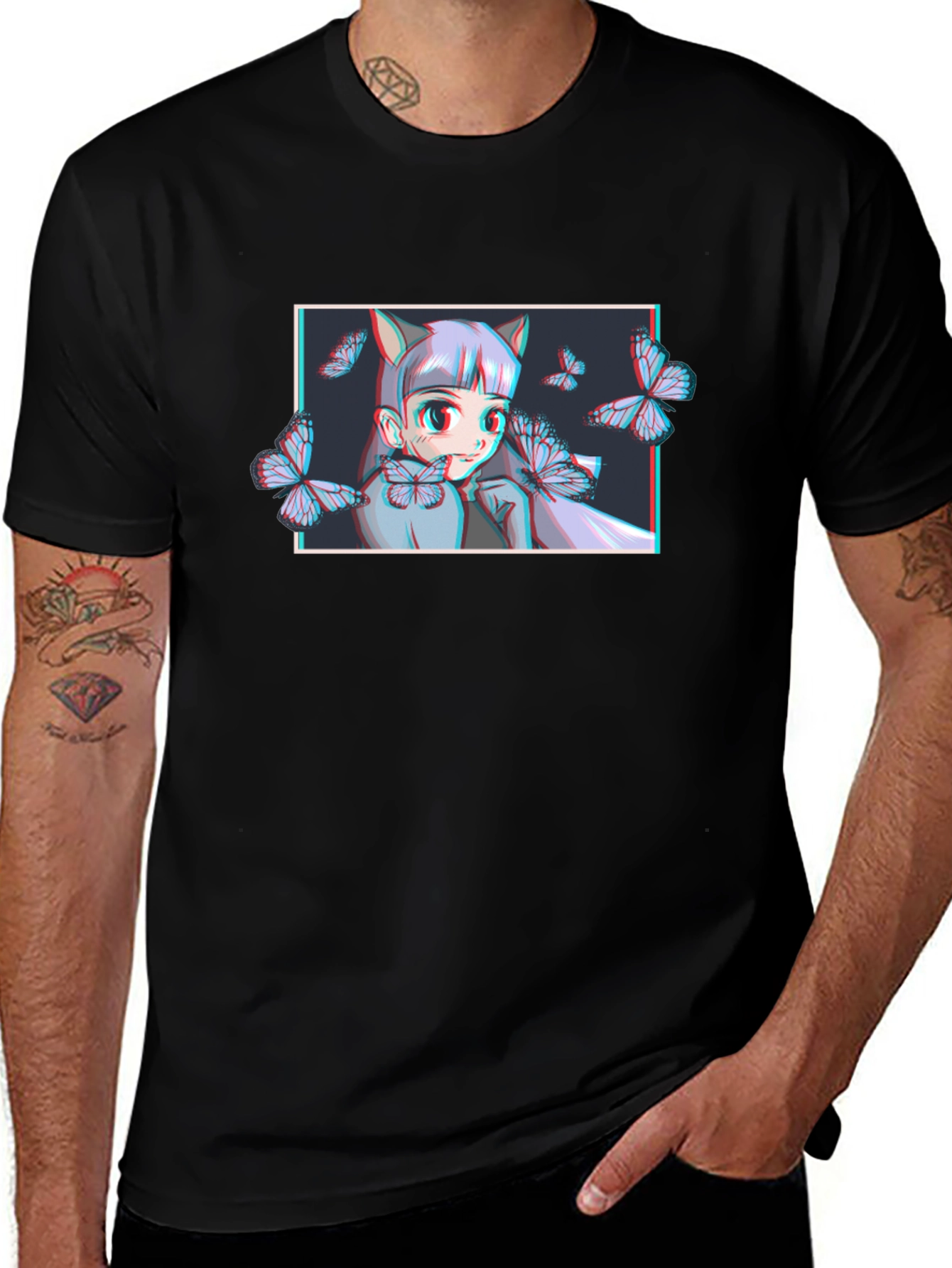 Anime Girl Butterfly Graphic T-Shirt - Black