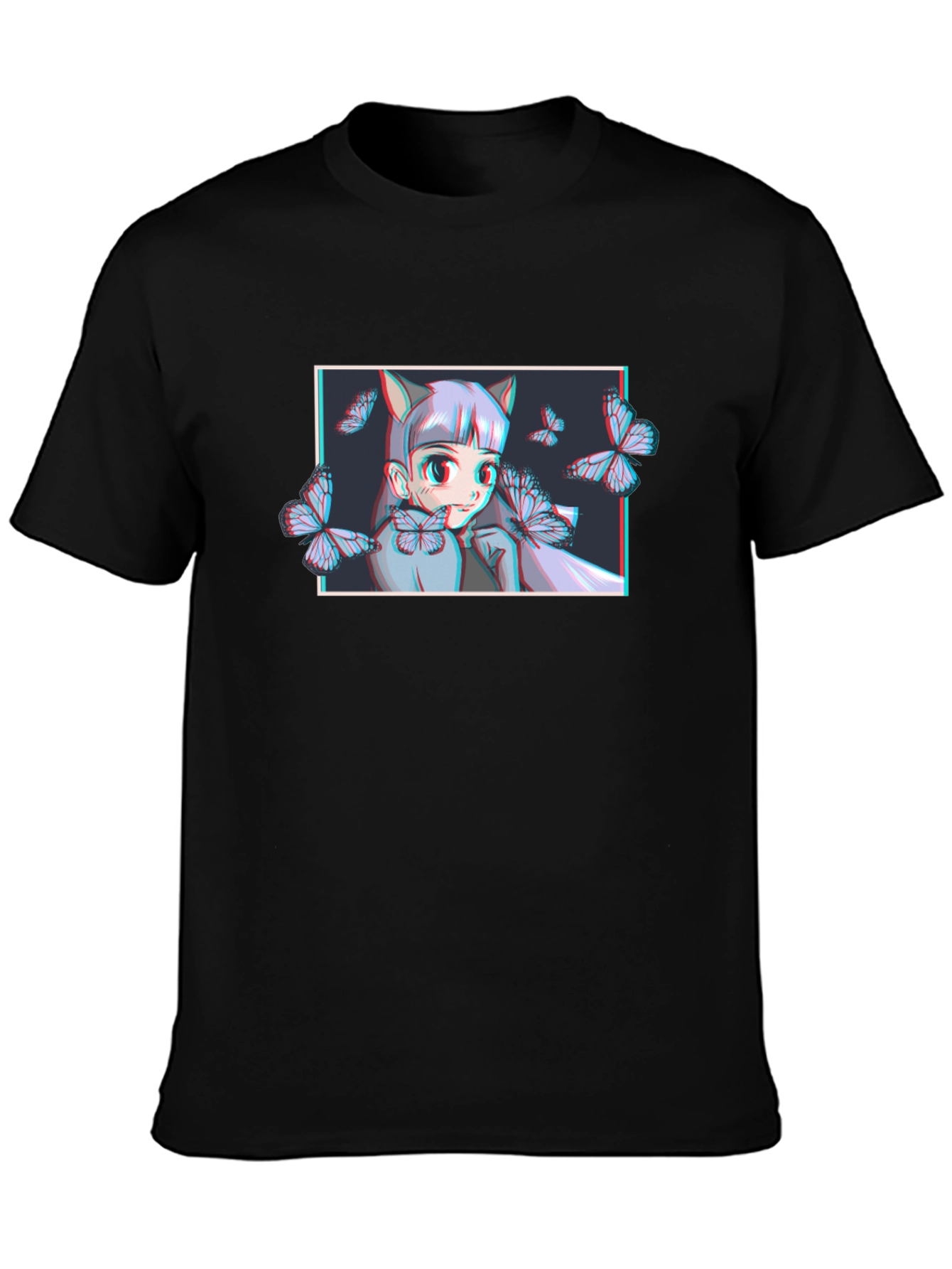Anime Girl Butterfly Graphic T-Shirt - Black