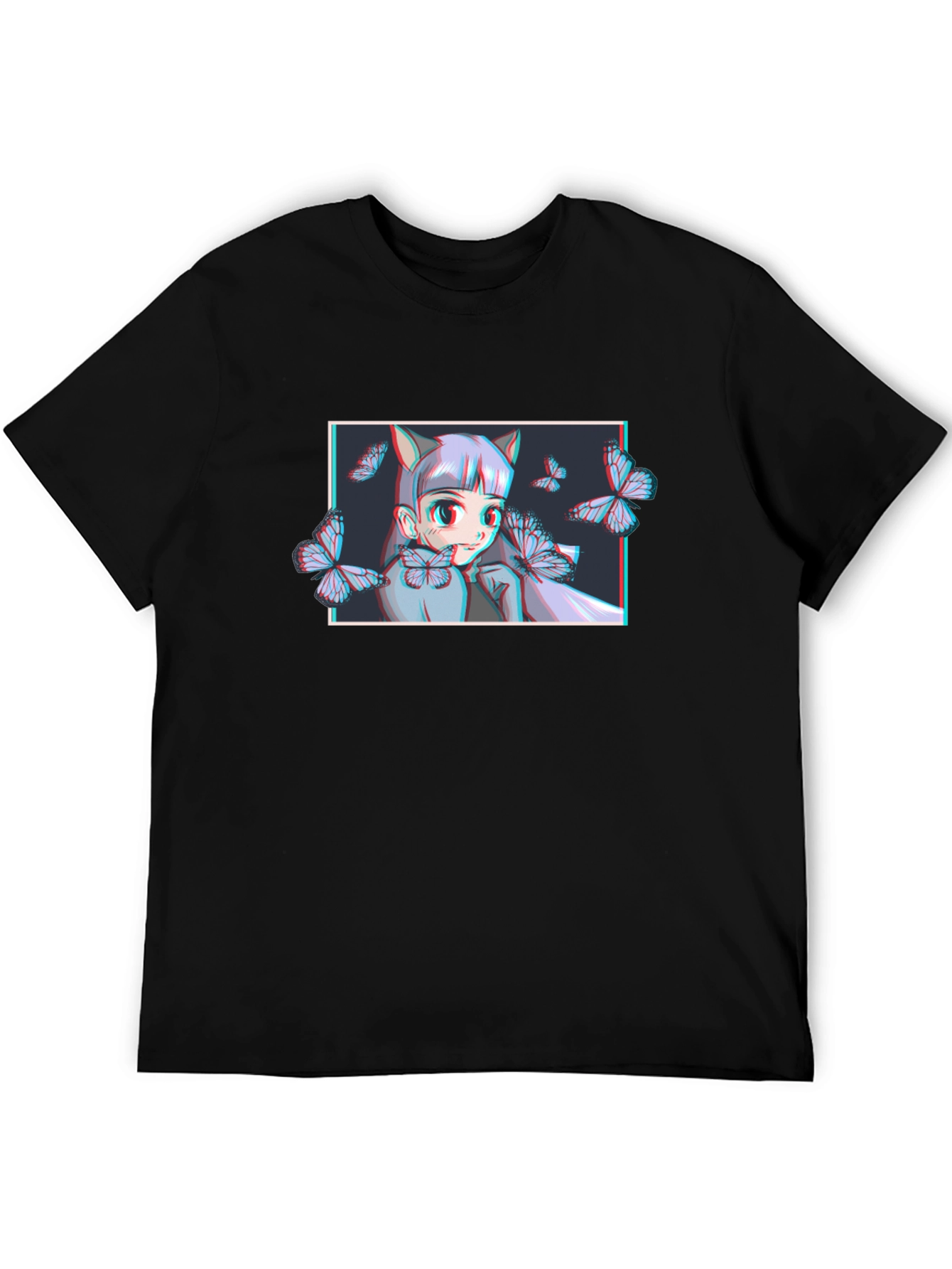 Anime Girl Butterfly Graphic T-Shirt - Black