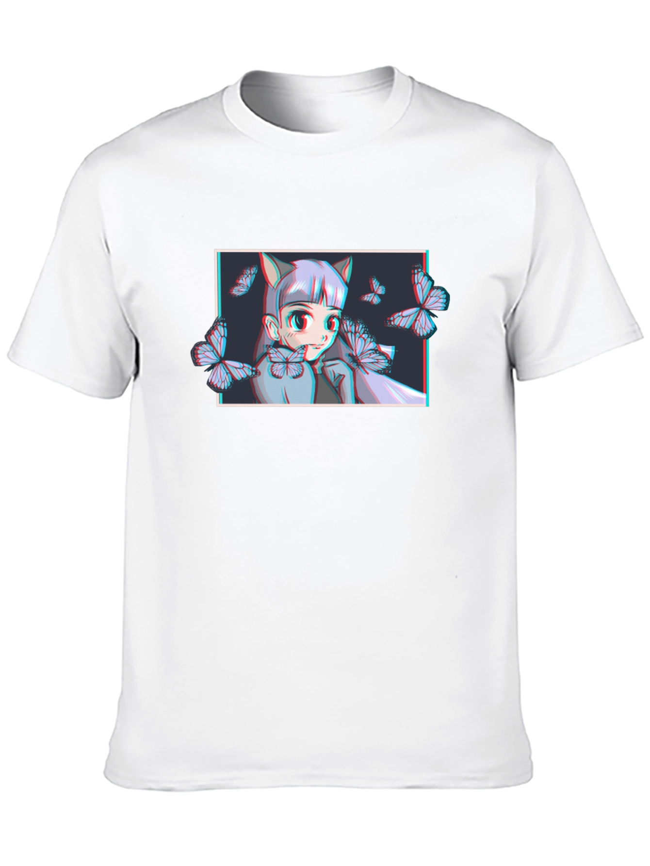 Anime Girl Butterfly Graphic T-Shirt - Black
